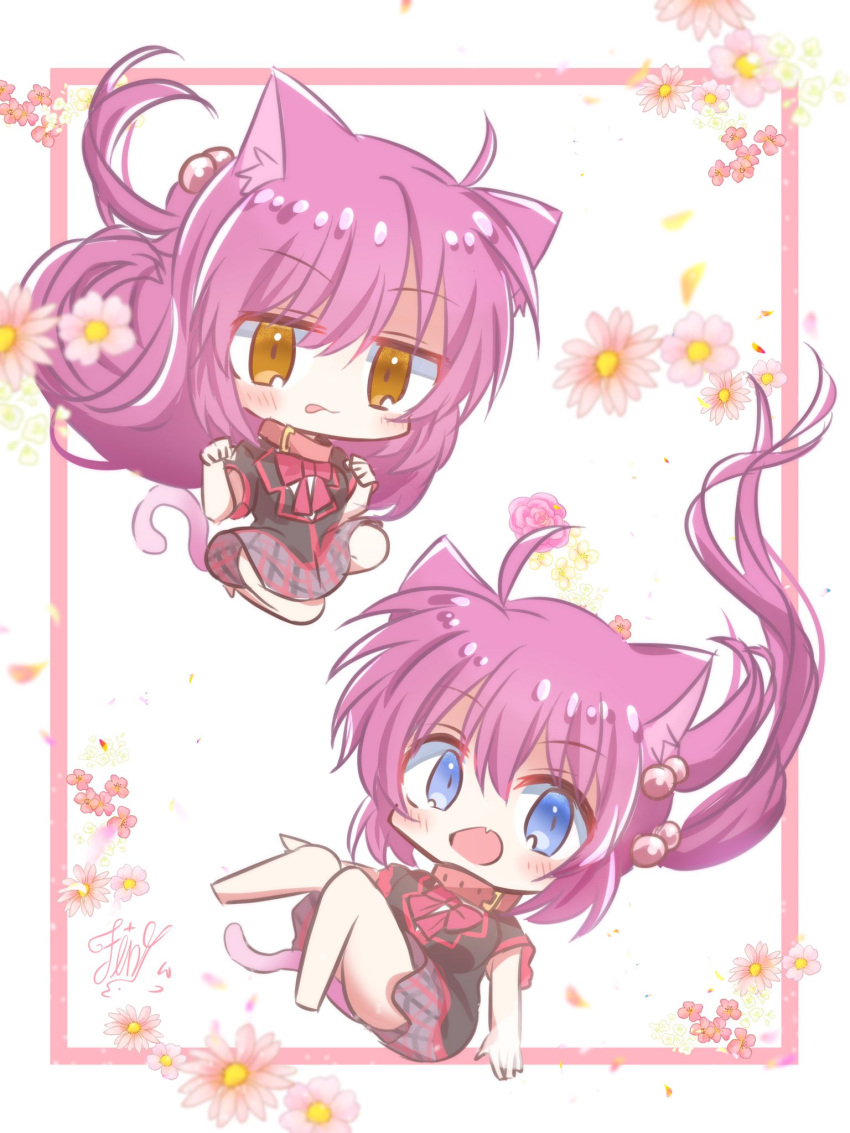 2girls :p ahoge animal_ears belt_collar black_jacket blue_eyes blush bow cat_ears cat_girl cat_tail chibi closed_mouth collar commentary_request falling fang floral_background flower futaki_kanata grey_skirt hair_between_eyes hair_bobbles hair_ornament highres jacket jitome little_busters! little_busters!_school_uniform long_hair looking_at_viewer miniskirt multiple_girls one_side_up open_mouth paw_pose pink_bow pink_flower plaid plaid_skirt purple_hair saigusa_haruka school_uniform short_sleeves siblings side_ponytail signature simple_background sisters skin_fang skirt smile tail tongue tongue_out twins utuigawa very_long_hair white_background yellow_eyes