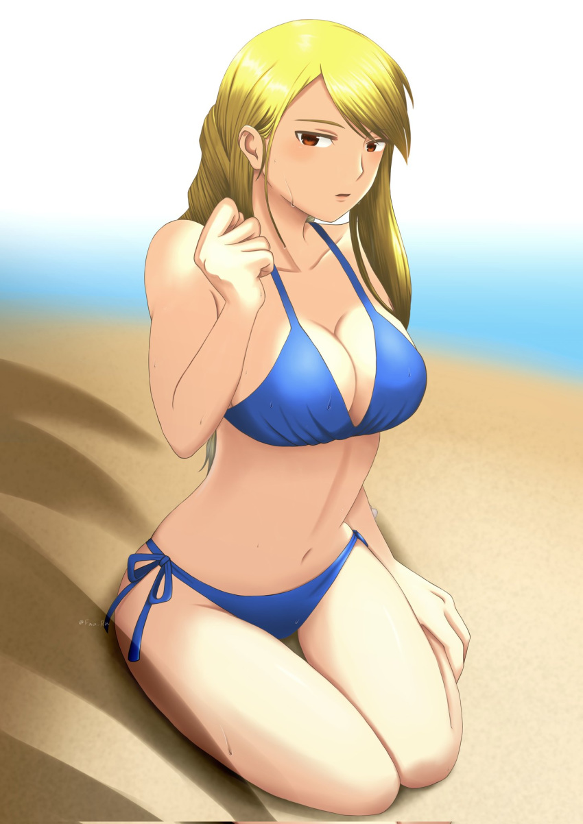 1girl agrias_oaks beach bikini blonde_hair blue_bikini blue_panties breasts day final_fantasy final_fantasy_tactics full_body fwa_rw highres large_breasts long_hair looking_at_viewer midriff navel open_mouth orange_eyes panties sand shadow side-tie_panties sitting solo swimsuit underwear wariza water_drop wet_face