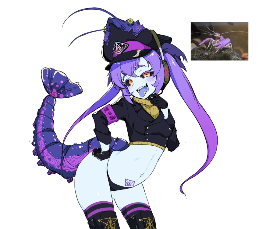 1girl animal_hat black_pantyhose black_shirt boots buttons colored_skin colored_tongue cowboy_shot double-breasted hat highres monster_girl original pantyhose personification police_hat purple_hair purple_tongue ryuu_tou shirt shrimp shrimp_girl simple_background socks solo sweater tail thighs tongue tongue_out twintails white_background