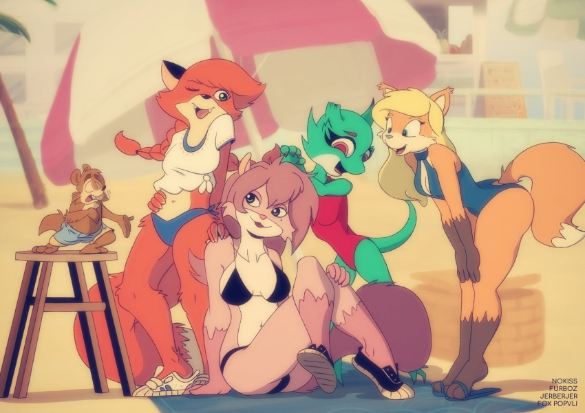 anthro beach canid canine clothing f0xnr0ll feet female flip_flops footwear fox furboz group hi_res jerberjer kobold male mammal minxydoodle no_kissad sandals seaside shoes singing sneakers swimming_trunks swimwear