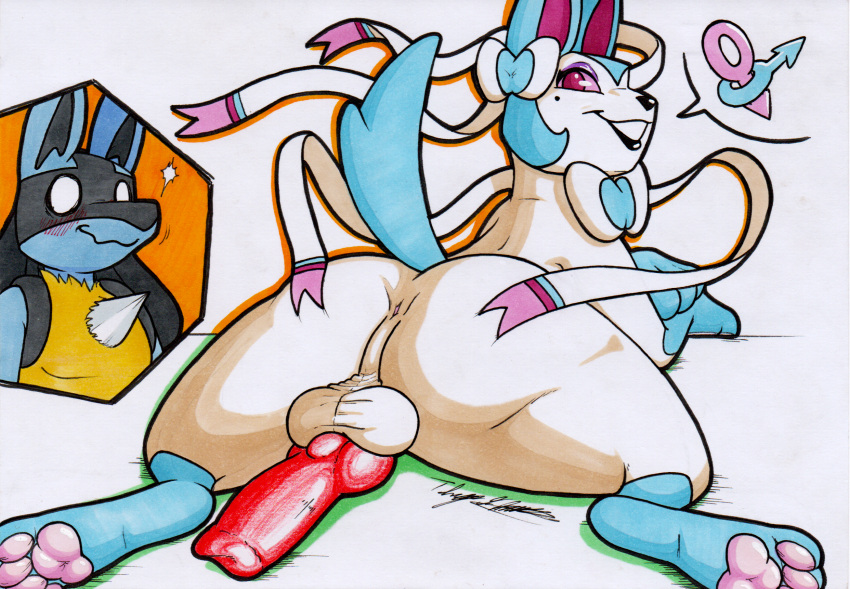 animal_genitalia animal_penis big_penis eeveelution feral generation_4_pokemon generation_6_pokemon genitals hi_res lucario male nintendo penis pokemon pokemon_(species) rotten_owl shiny_pokemon simple_background solo sylveon traditional_media_(artwork) white_background white_body