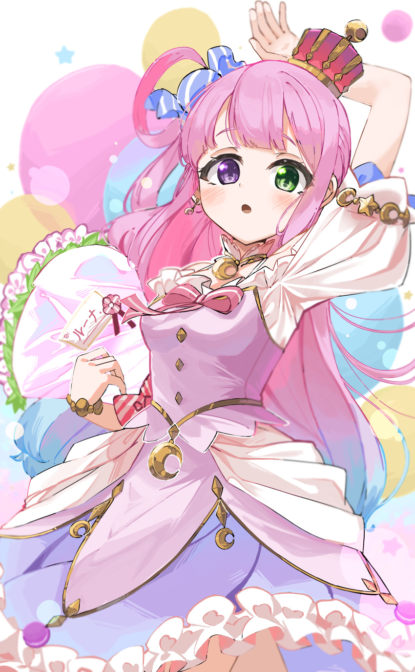 1girl absurdres arm_up blush bouquet candy_hair_ornament crescent crescent_earrings dress earrings food-themed_hair_ornament green_eyes hair_ornament heterochromia highres himemori_luna himemori_luna_(1st_costume) holding holding_bouquet hololive jewelry long_hair looking_at_viewer melerdon open_mouth pink_dress pink_hair purple_eyes sidelocks solo virtual_youtuber