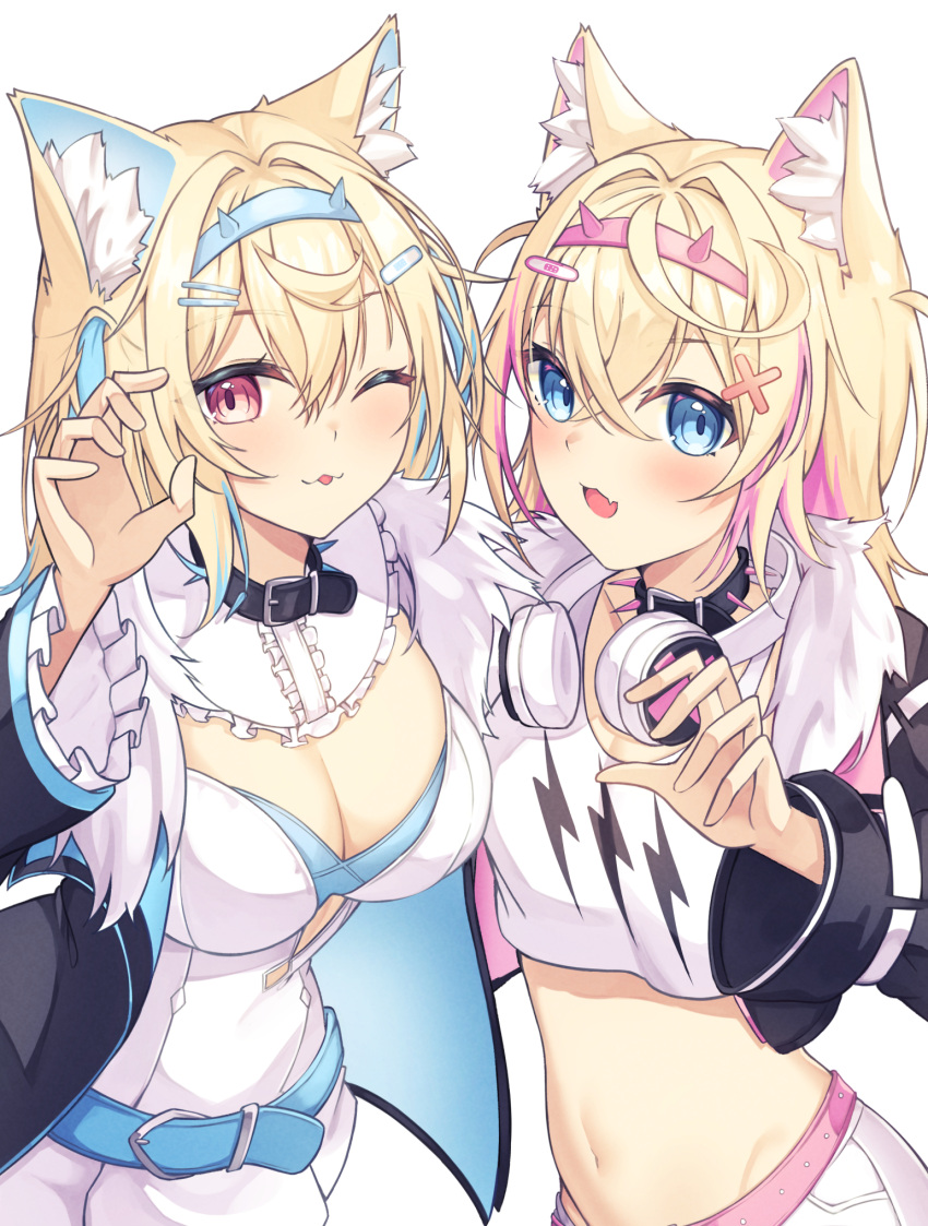 2girls :3 belt belt_collar black_collar black_jacket blonde_hair blue_belt blue_eyes blue_hair blush breasts cleavage closed_mouth collar cropped_jacket cropped_shirt fur-trimmed_jacket fur_trim fuwawa_abyssgard hair_ornament hairpin highres hololive hololive_english jacket large_breasts looking_at_viewer midriff mococo_abyssgard multicolored_hair multiple_girls navel open_mouth pink_belt pink_eyes pink_hair rooby_n set shirt short_shorts shorts siblings sisters skirt skirt_set small_breasts spiked_collar spikes streaked_hair tongue tongue_out twins virtual_youtuber white_background white_shirt white_shorts white_skirt x_hair_ornament