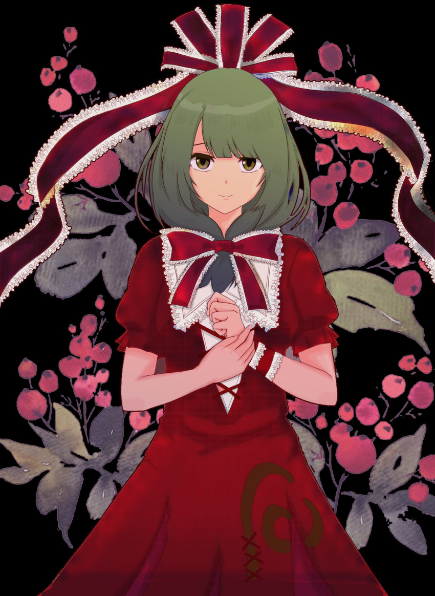 1girl blunt_bangs bow dress frilled_bow frilled_ribbon frills front_ponytail green_eyes green_hair highres kagiyama_hina looking_at_viewer puffy_short_sleeves puffy_sleeves red_bow red_dress red_ribbon ribbon short_sleeves smile solo souichi0605 touhou