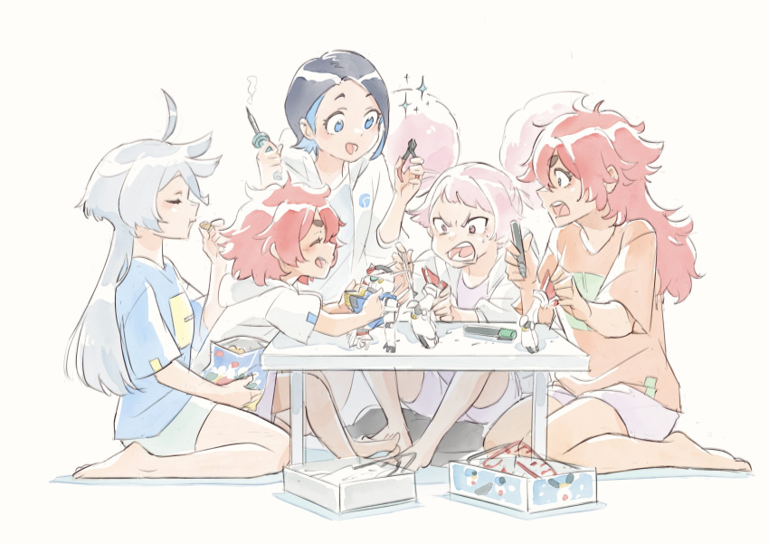 5girls absurdres afro_puffs ahoge angry bag_of_chips black_hair blue_eyes blue_hair blue_shirt chuatury_panlunch colored_inner_hair dark_blue_hair eating ericht_samaya gundam gundam_suisei_no_majo gunpla highres hood hood_down long_hair miorine_rembran model_building model_kit multicolored_hair multiple_girls nika_nanaura open_mouth pink_eyes pink_hair red_hair screwdriver shirt short_hair shorts sitting suletta_mercury table thick_eyebrows wariza white_background white_hair white_shirt yaco_(085)