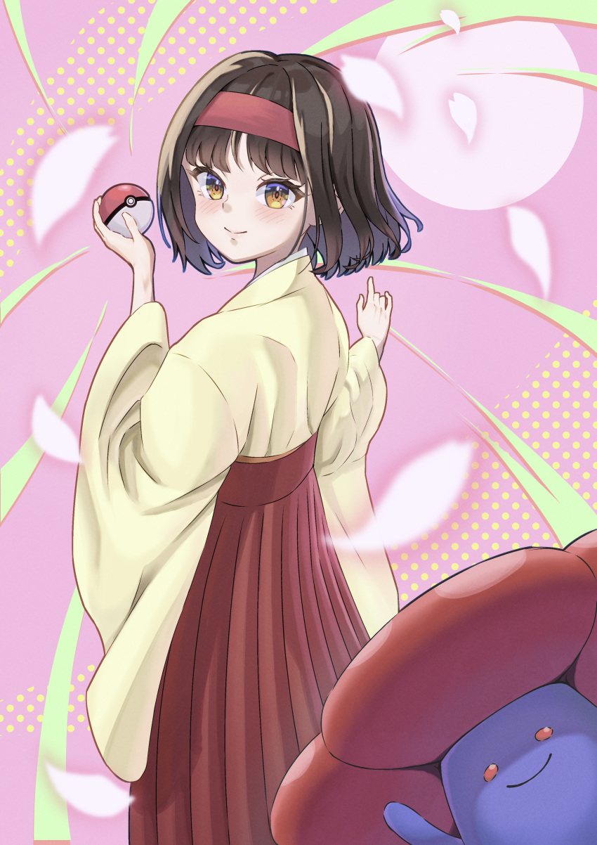 1girl absurdres blush brown_eyes brown_hair closed_mouth commentary_request erika_(pokemon) eyelashes hairband hakama hakama_skirt highres holding holding_poke_ball japanese_clothes kenchamanpoi kimono looking_to_the_side pink_background poke_ball poke_ball_(basic) pokemon pokemon_(creature) pokemon_(game) pokemon_frlg red_hairband red_hakama skirt smile vileplume wide_sleeves yellow_kimono