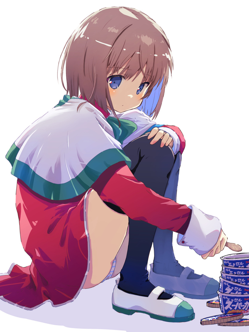 1girl akayama_yukihe ass black_thighhighs blue_eyes brown_hair capelet dress from_side highres ice_cream_cup kanon knees_to_chest knees_up looking_at_viewer misaka_shiori panties panty_peek red_dress school_uniform shoes short_dress short_hair sitting solo striped striped_panties thighhighs thighs underwear white_capelet white_footwear wooden_spoon