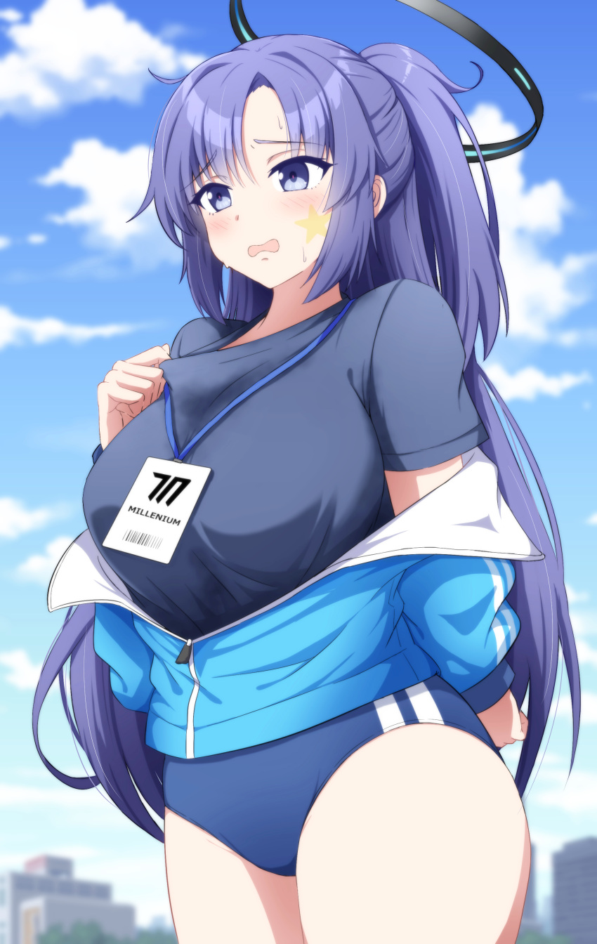 1girl absurdres black_shirt blue_archive blue_buruma blue_jacket blue_sky blush breasts buruma half_updo halo highres id_card jacket lanyard large_breasts long_hair long_sleeves off_shoulder open_mouth parted_bangs partially_unzipped ponytail purple_eyes purple_hair shirt short_sleeves sidelocks sky solo sotomichi star_sticker sticker_on_face thighs track_jacket yuuka_(blue_archive) yuuka_(track)_(blue_archive)