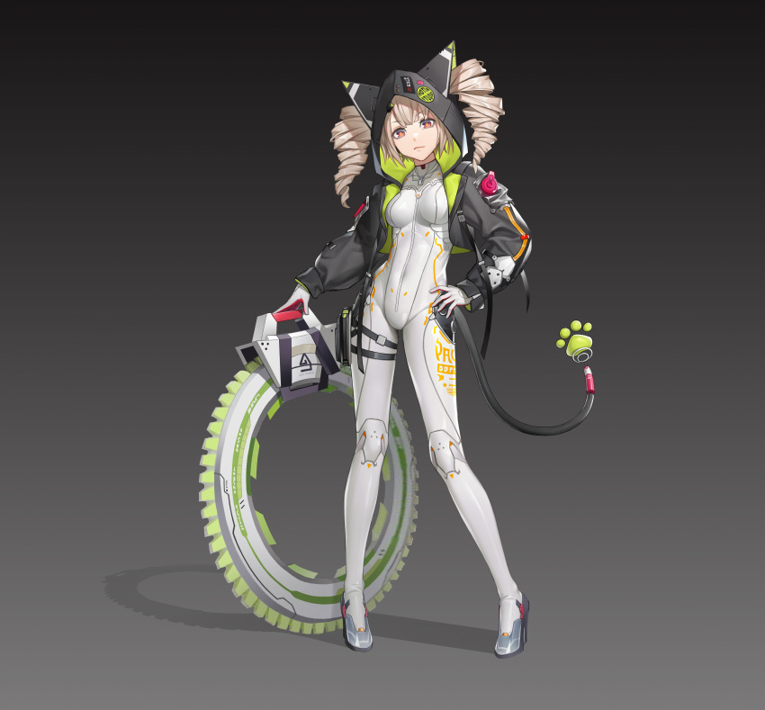 1girl absurdres animal_ears black_background black_jacket blonde_hair bodysuit breasts cat_ears cat_tail chakram cyan_(user_uefk4847) drill_hair fake_animal_ears fake_tail full_body gloves grey_background high_heels highres hood hooded_jacket jacket long_hair looking_at_viewer medium_breasts open_clothes open_jacket red_eyes shiro_(tower_of_fantasy) simple_background skin_tight solo standing tachi-e tail tower_of_fantasy twin_drills weapon white_bodysuit white_gloves