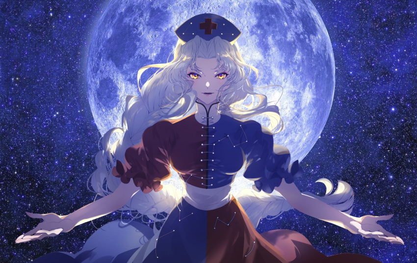1girl blue_dress blue_headwear braid commentary_request constellation_print cross dress full_moon hat highres long_hair looking_at_viewer makeup moon multicolored_clothes multicolored_dress night night_sky nurse_cap outdoors red_cross red_dress short_sleeves sky solo star_(sky) starry_sky sumi_(u-kar1n-89m0) touhou upper_body white_hair yagokoro_eirin yellow_eyes