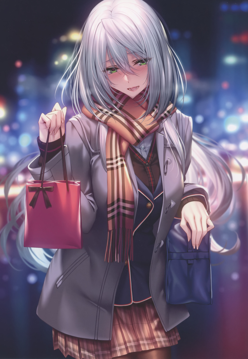 1girl absurdres amagasa_tsuzuri blazer blurry blurry_background blush breasts building coat fingernails gift_bag green_eyes grey_hair hanikami_kanojo highres holding jacket long_hair long_sleeves looking_at_viewer medium_breasts mole mole_under_eye night night_sky open_clothes open_coat open_mouth pantyhose piromizu ribbon scan scarf school_uniform simple_background skirt sky skyscraper teeth winter_clothes winter_coat