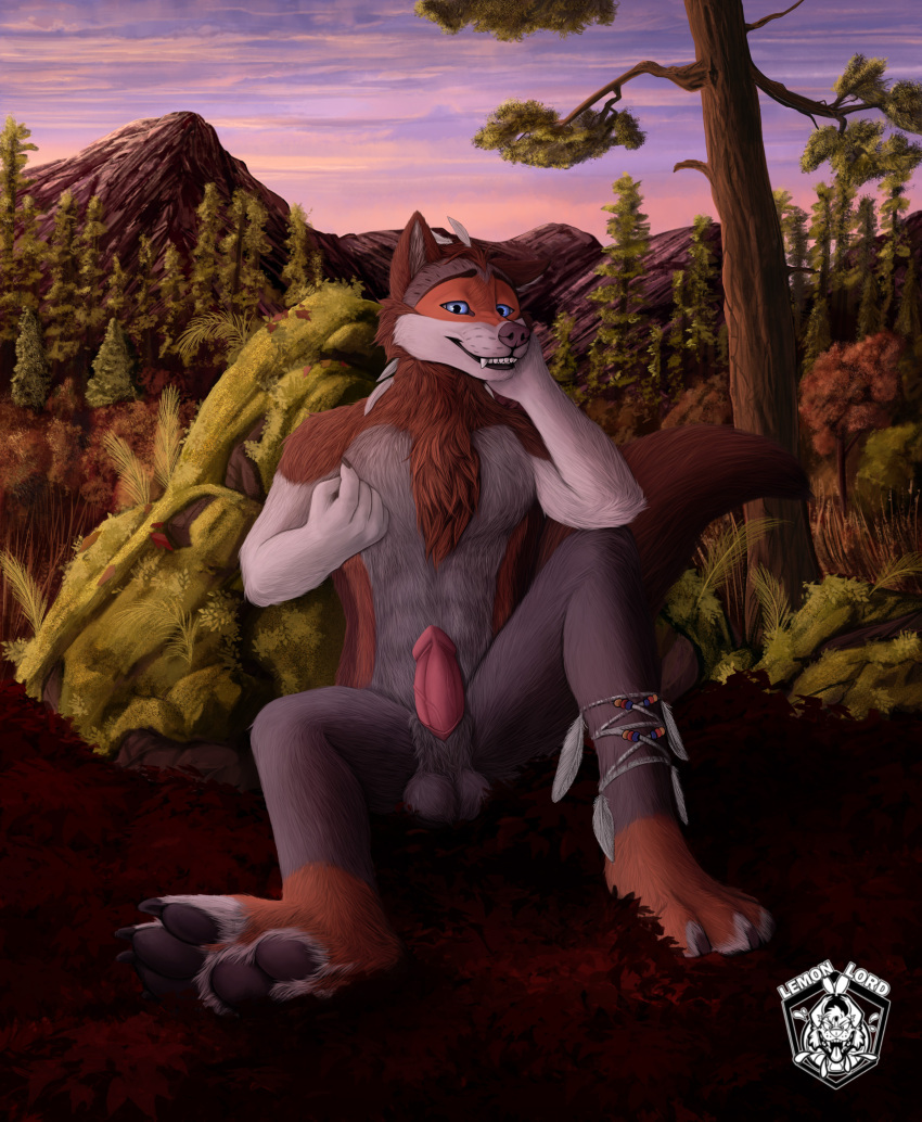 absurd_res animal_genitalia anthro athletic balls blue_eyes brown_body canid canine canis claws cloud detailed_background digital_drawing_(artwork) digital_media_(artwork) dominant evening falko feathers feet flower forest fur genitals grey_body hair hi_res jewelry lemonlordvenom male mammal nature nude outside pawpads paws penile penis plant sheath signature smile solo teeth toes tree wolf