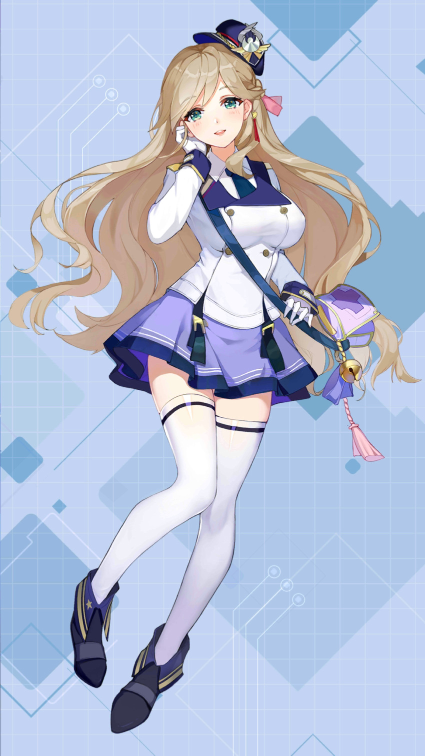 1girl :d ankle_boots bag bell blue_background blue_footwear blue_headwear blue_necktie blue_skirt blush boots braid breasts collared_shirt curly_hair epaulettes female_service_cap fold-over_boots french_braid full_body girl_cafe_gun gloves grainne_draser_(girl_cafe_gun) green_eyes grid_background hand_on_own_face hand_up highres impossible_clothes impossible_jacket jacket knees_together_feet_apart large_breasts light_brown_hair long_hair long_sleeves looking_at_viewer miniskirt necktie official_art shirt shoulder_bag skirt smile solo standing standing_on_one_leg swept_bangs thighhighs tilted_headwear very_long_hair white_gloves white_jacket white_shirt white_thighhighs zettai_ryouiki
