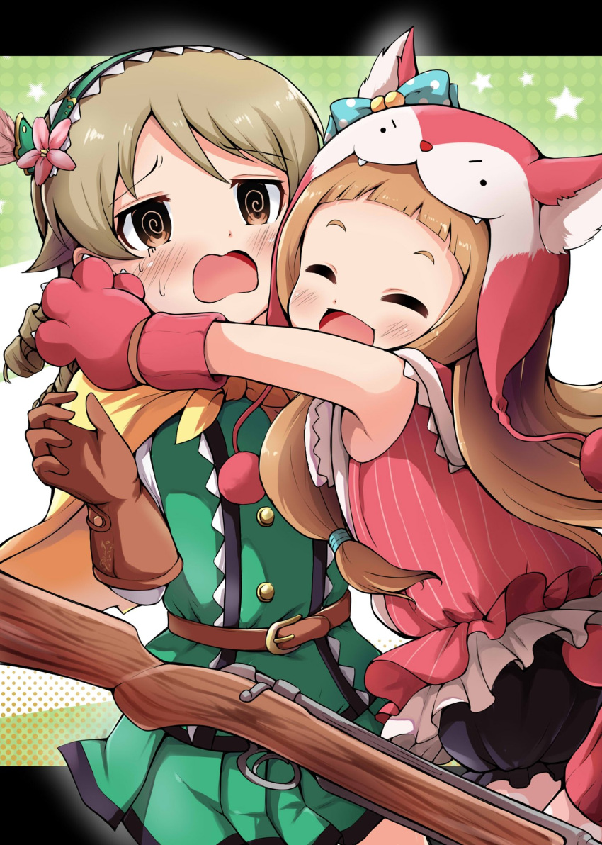 2girls @_@ animal_costume animal_ears animal_hands belt black_bloomers blue_bow blue_ribbon blunt_bangs blush bow brown_belt brown_eyes brown_gloves brown_hair capelet closed_eyes dot_nose dress drill_hair fake_animal_ears feather_hair_ornament feathers flat_chest flower gloves green_background green_dress green_hairband gun hair_bow hair_flower hair_ornament hairband halftone halftone_background hands_up highres hug ichihara_nina idolmaster idolmaster_cinderella_girls idolmaster_cinderella_girls_starlight_stage leg_up letterboxed light_brown_hair long_hair long_sleeves looking_at_another morikubo_nono multiple_girls ogre_(ogremuit) open_mouth paw_gloves pink_flower pink_shirt pleated_skirt polka_dot polka_dot_ribbon red_footwear ribbon rifle ringlets shirt skirt sleeveless sleeveless_shirt smile starry_background striped striped_shirt sweatdrop very_long_hair wavy_mouth weapon wolf_hood yellow_capelet
