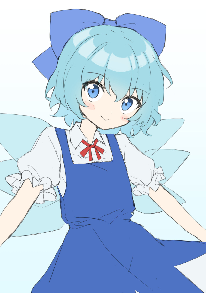 144udy 1girl absurdres aqua_hair blue_bow blue_dress blue_eyes blush bow cirno collared_shirt dress flat_chest hair_bow highres ice ice_wings looking_at_viewer neck_ribbon pinafore_dress puffy_short_sleeves puffy_sleeves red_ribbon ribbon shirt short_dress short_hair short_sleeves simple_background sleeveless sleeveless_dress smile solo touhou two-tone_dress upper_body white_background white_shirt wings