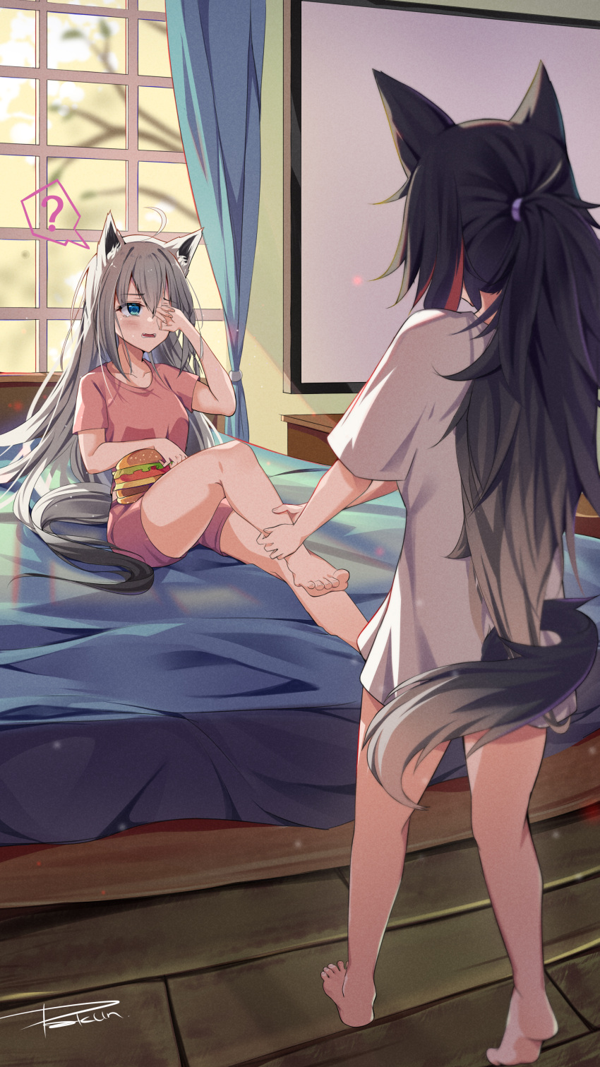 2girls ? absurdres ahoge animal_ear_fluff animal_ears bed blush braid commentary_request earrings fox_ears fox_girl fox_tail green_eyes hair_between_eyes highres holding_another's_leg hololive indoors jewelry long_hair looking_at_another multiple_girls on_bed ookami_mio open_mouth pakun ponytail red_shirt rubbing_eyes shirakami_fubuki shirt short_sleeves sidelocks signature single_braid spoken_question_mark tail virtual_youtuber white_hair white_shirt wolf_ears wolf_girl wolf_tail