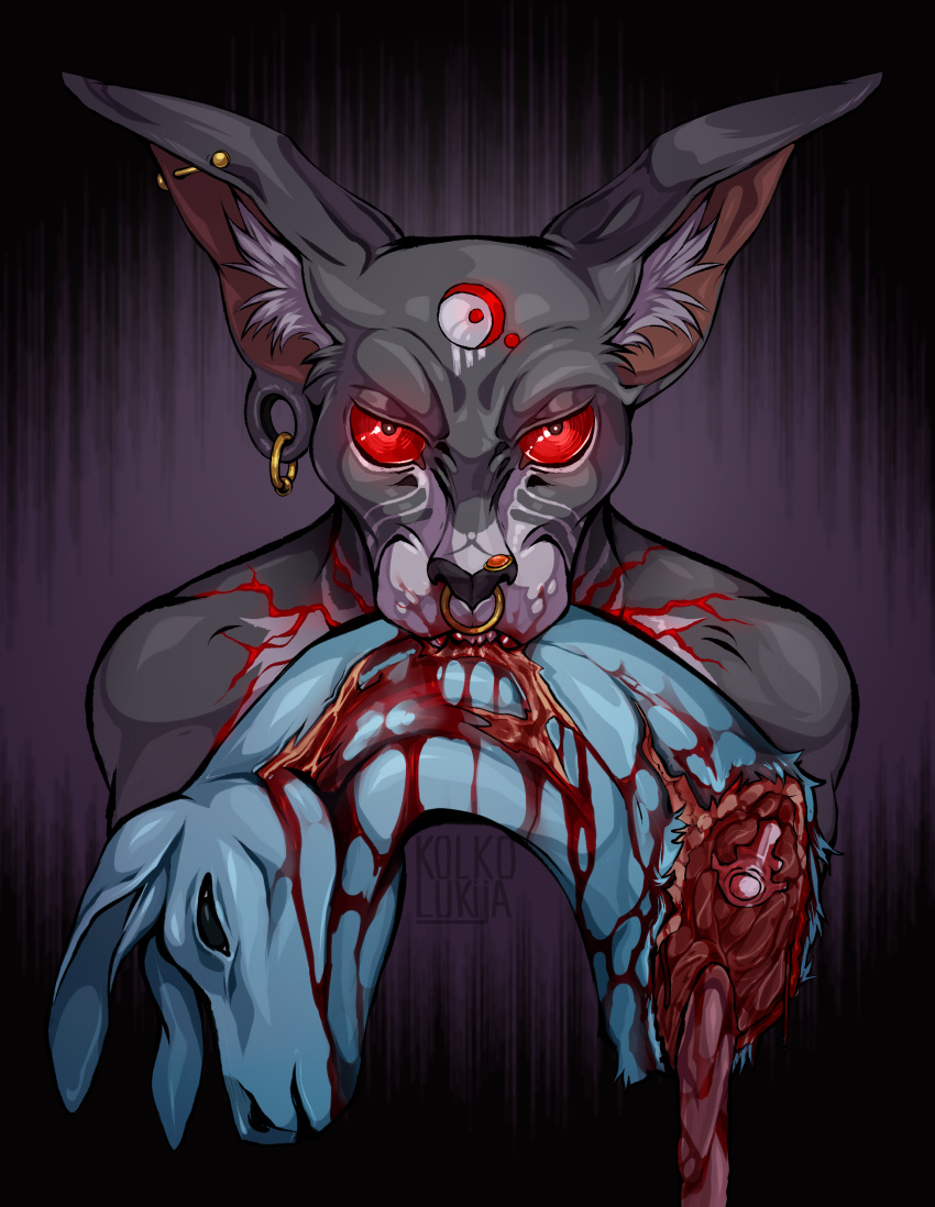 absurd_res anthro blood bode bodily_fluids death decapitation domestic_cat duo facial_piercing felid feline felis female feral flesh food gore hi_res kolkolukija male male/female mammal meat nose_piercing nose_ring oriental_shorthair piercing pred prey ring_piercing throat