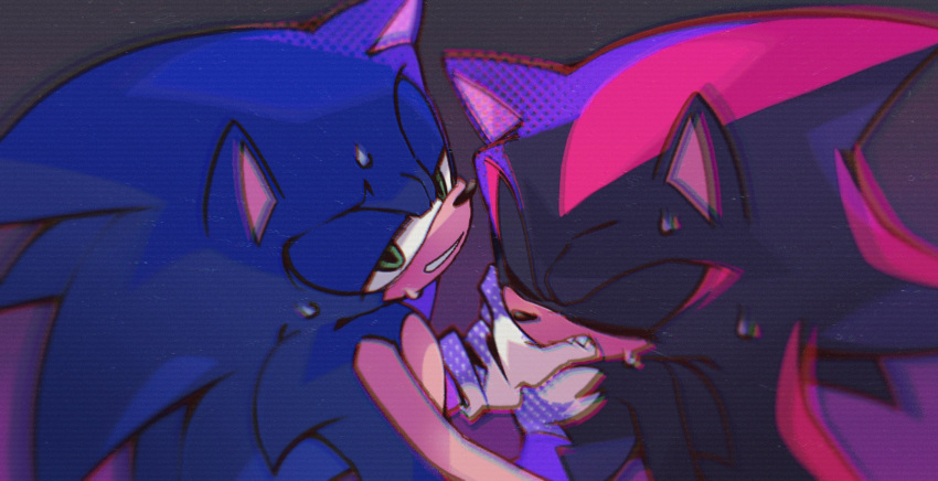 2boys animal_ears animal_nose biting biting_another's_hand chromatic_aberration closed_eyes commentary furry furry_male gloves green_eyes half-closed_eyes highres looking_at_viewer male_focus merry_bongbong multiple_boys scanlines shadow_the_hedgehog simple_background sonic_(series) sonic_the_hedgehog sweat upper_body white_gloves