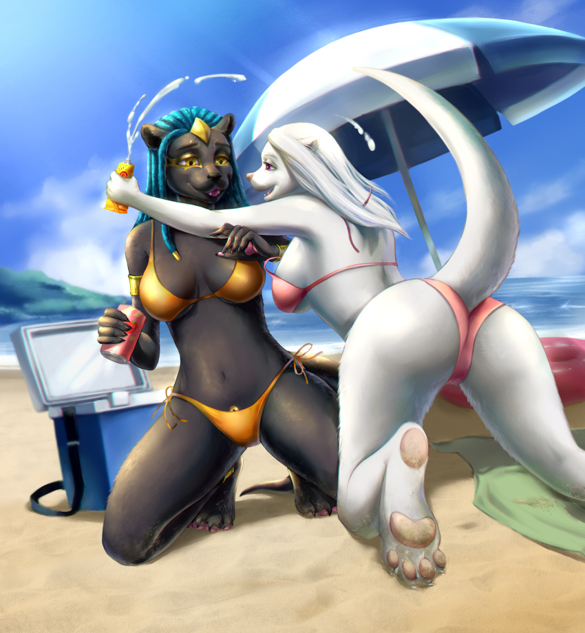 2021 absurd_res aib_leyley anthro beach beverage beverage_can bikini black_body black_claws black_fur black_nose blue_hair blue_sky bracelet breasts butt chromatic_aberration claws clothed clothing cloud cooler cute_fangs day detailed_background digital_media_(artwork) digital_painting_(artwork) dreadlocks duo eye_tattoo facial_tattoo female fur gold_(metal) gold_anklet gold_armlet gold_bracelet gold_jewelry green_towel hair hair_jewelry hi_res holding_beverage holding_object holding_tube horizon inflatable inner_tube jewelry kneeling leaning leaning_forward luana_(werefox) mammal membrane_(anatomy) mustelid nafi_(werefox) navel open_mouth open_smile orange_bikini orange_clothing orange_swimwear otter outside parasol pawpads pink_bikini pink_clothing pink_nose pink_pawpads pink_swimwear purple_eyes raised_tail sand sand_on_foot sea seaside skimpy sky smile string_bikini sunny sunscreen swimwear tail tattoo towel under_boob wardrobe_malfunction water webbed_hands white_body white_claws white_fur white_hair womb_tattoo yellow_eyes