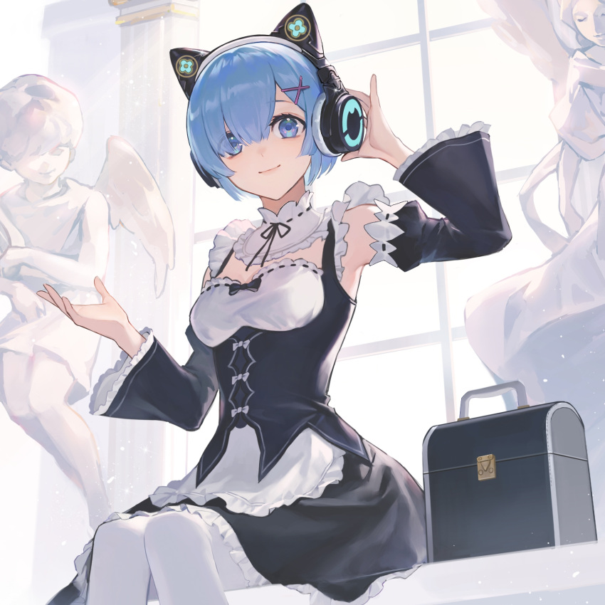 1girl adjusting_headphones angel_statue animal_ear_headphones animal_ears black_dress black_ribbon black_sleeves blue_eyes blue_hair breasts case cat_ear_headphones cropped detached_collar detached_sleeves dress fake_animal_ears feet_out_of_frame frilled_dress frills hair_ornament hair_over_one_eye hands_up headphones highres looking_at_viewer maid marble_(stone) medium_breasts neck_ribbon pantyhose re:zero_kara_hajimeru_isekai_seikatsu rem_(re:zero) ribbon roswaal_mansion_maid_uniform ru_(famia) short_hair sitting smile solo white_pantyhose wide_sleeves window x_hair_ornament