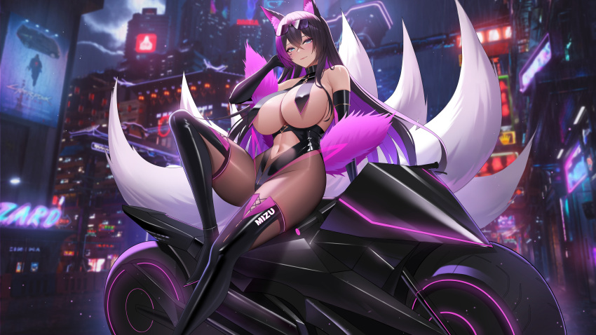 1girl absurdres akira akira_movie_poster animal_ears black_footwear black_gloves black_leotard boots breasts character_name cityscape cyberpunk_(series) cyberpunk_2077 elbow_gloves eyewear_on_head foot_out_of_frame fox_ears fox_girl gloves hand_in_own_hair highres huge_breasts kitsune large_tail leotard long_hair looking_at_viewer mizugaiya motor_vehicle motorcycle multiple_tails neon_lights night original outdoors purple_hair revealing_clothes solo tail thigh_boots ultra_(511455329) white_tail
