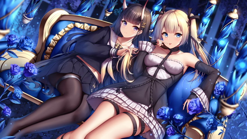 2girls azur_lane bare_shoulders black_hair black_pantyhose black_skirt black_sleeves blonde_hair blue_eyes blush chinese_commentary closed_mouth collarbone commentary_request couch dead_or_alive detached_sleeves flower hair_ornament hairclip highres horns long_hair long_sleeves marie_rose multiple_girls noshiro_(azur_lane) oni_horns pantyhose parted_lips pleated_skirt sitting skirt smile thigh_strap thighs twintails wsman