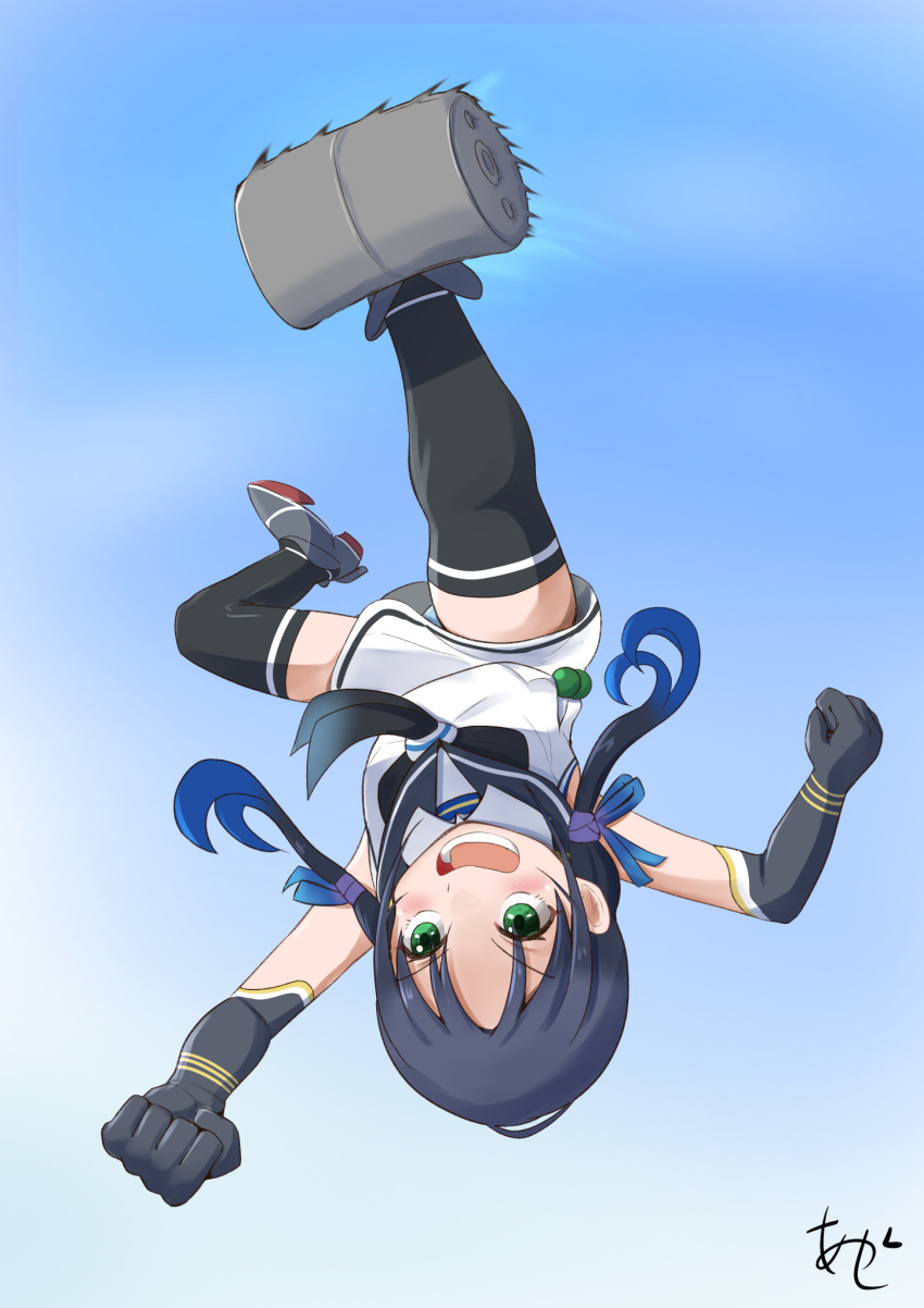 1girl akashieru black_neckerchief blue_hair cloud cloudy_sky day depth_charge elbow_gloves full_body gloves green_eyes highres kantai_collection kicking long_hair low_twintails neckerchief open_mouth panties playing_sports ribbon school_uniform serafuku signature skirt sky sleeveless soccer solo suzukaze_(kancolle) thighhighs twintails underwear upside-down white_skirt