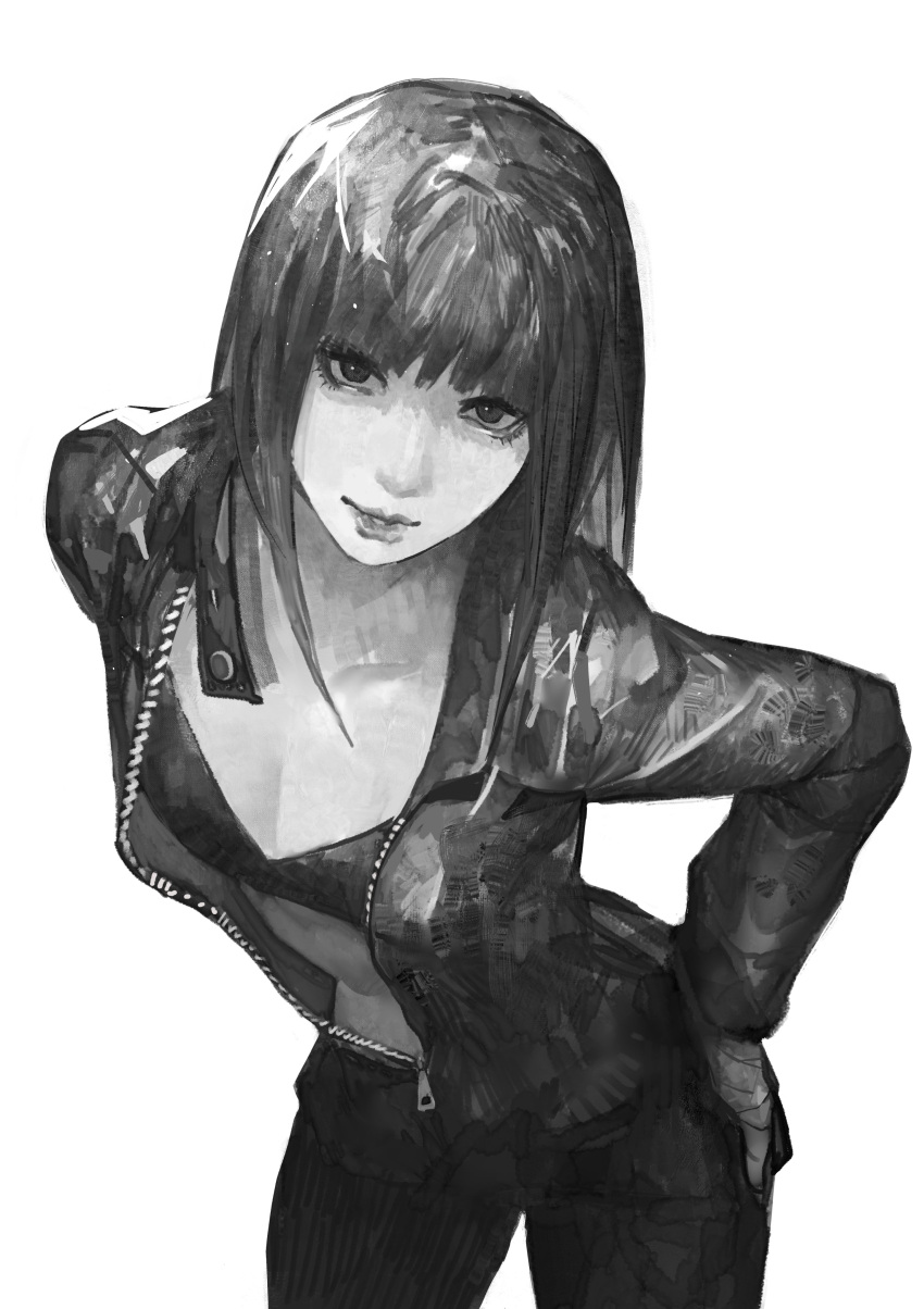 1girl absurdres bent_over black_bodysuit black_bra blunt_bangs bodysuit bra breasts catsuit cleavage commentary cowboy_shot devil_summoner english_commentary eyelashes full-length_zipper greyscale hair_over_shoulder hands_on_own_hips highres leaning_forward light_smile lips long_hair long_sleeves looking_at_viewer medium_breasts midriff monochrome nemissa open_bodysuit open_clothes realistic simple_background sketch smile solo soul_hackers standing subakeye underwear unzipped white_background zipper zipper_pull_tab