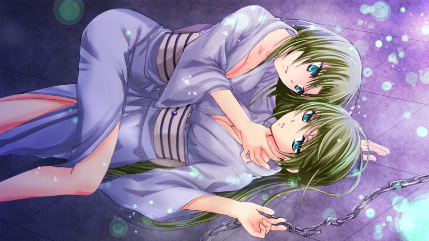 2girls breasts chain cleavage collarbone girl_on_top green_eyes green_hair hair_down hand_on_another's_neck highres higurashi_no_naku_koro_ni higurashi_no_naku_koro_ni_mei houjou_yutori incest japanese_clothes kimono large_breasts long_hair looking_at_another looking_to_the_side lying multiple_girls neck_grab obi official_art on_back parted_lips sash siblings sisters sonozaki_mion sonozaki_shion straddling twincest twins white_kimono wide_sleeves yuri