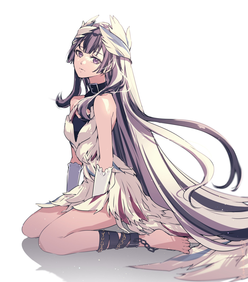 1girl bare_shoulders black_choker black_hair choker dress feather_hair_ornament feathers fire_emblem fire_emblem_engage grey_hair hair_ornament highres long_hair looking_at_viewer multicolored_hair petite purple_eyes sad solo two-tone_hair umi_(_oneinchswing) very_long_hair veyle_(fire_emblem) wavy_hair