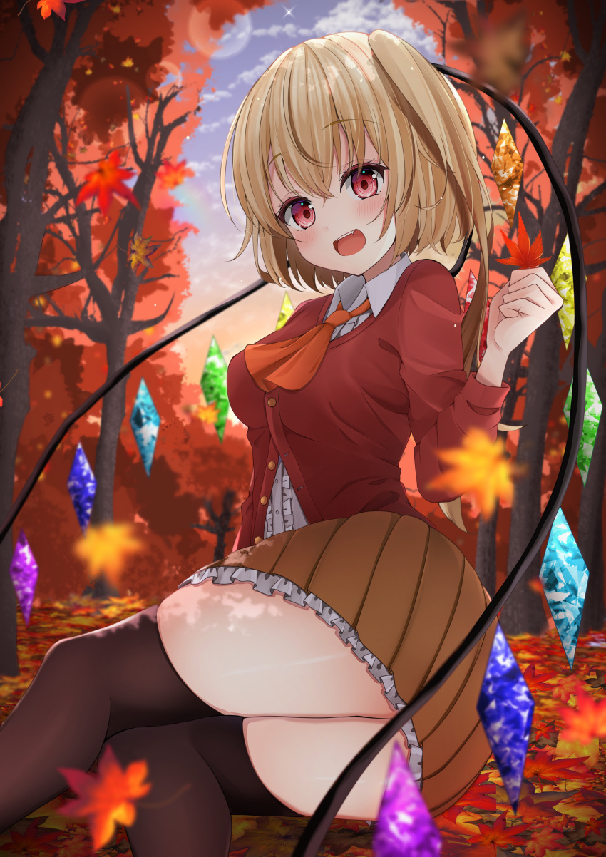 1girl :d absurdres aged_up ascot autumn_leaves bad_anatomy bat_wings black_thighhighs blonde_hair blush breasts brown_skirt buttons center_frills clenched_hand cloud collared_shirt crystal ekidona falling_leaves flandre_scarlet frilled_skirt frills highres leaf long_hair long_sleeves maple_leaf medium_breasts on_ground one_side_up open_mouth orange_ascot outdoors partially_unbuttoned pleated_skirt red_eyes red_vest shirt side_ponytail sitting skirt sky smile solo sunset thighhighs touhou tree twisted_torso vest white_shirt wings