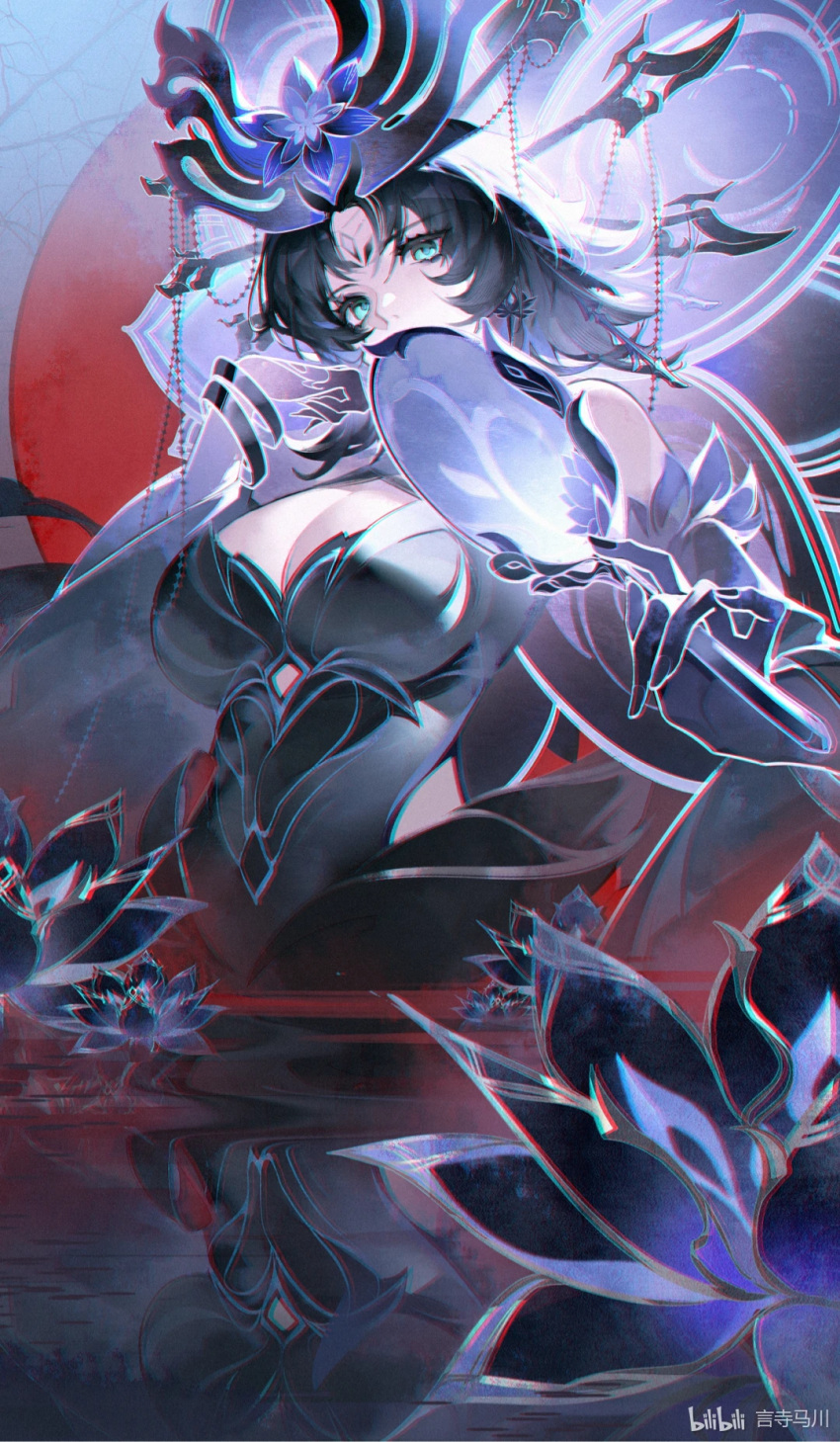 1girl aqua_eyes bare_shoulders black_dress black_flower black_hair black_nails bracelet breasts chinese_commentary chromatic_aberration cleavage commentary_request covered_mouth dress earrings flower hand_fan highres holding holding_fan honkai:_star_rail honkai_(series) jewelry long_hair looking_at_viewer lotus paper_fan parted_bangs phantylia solo uchiwa yu_jiu