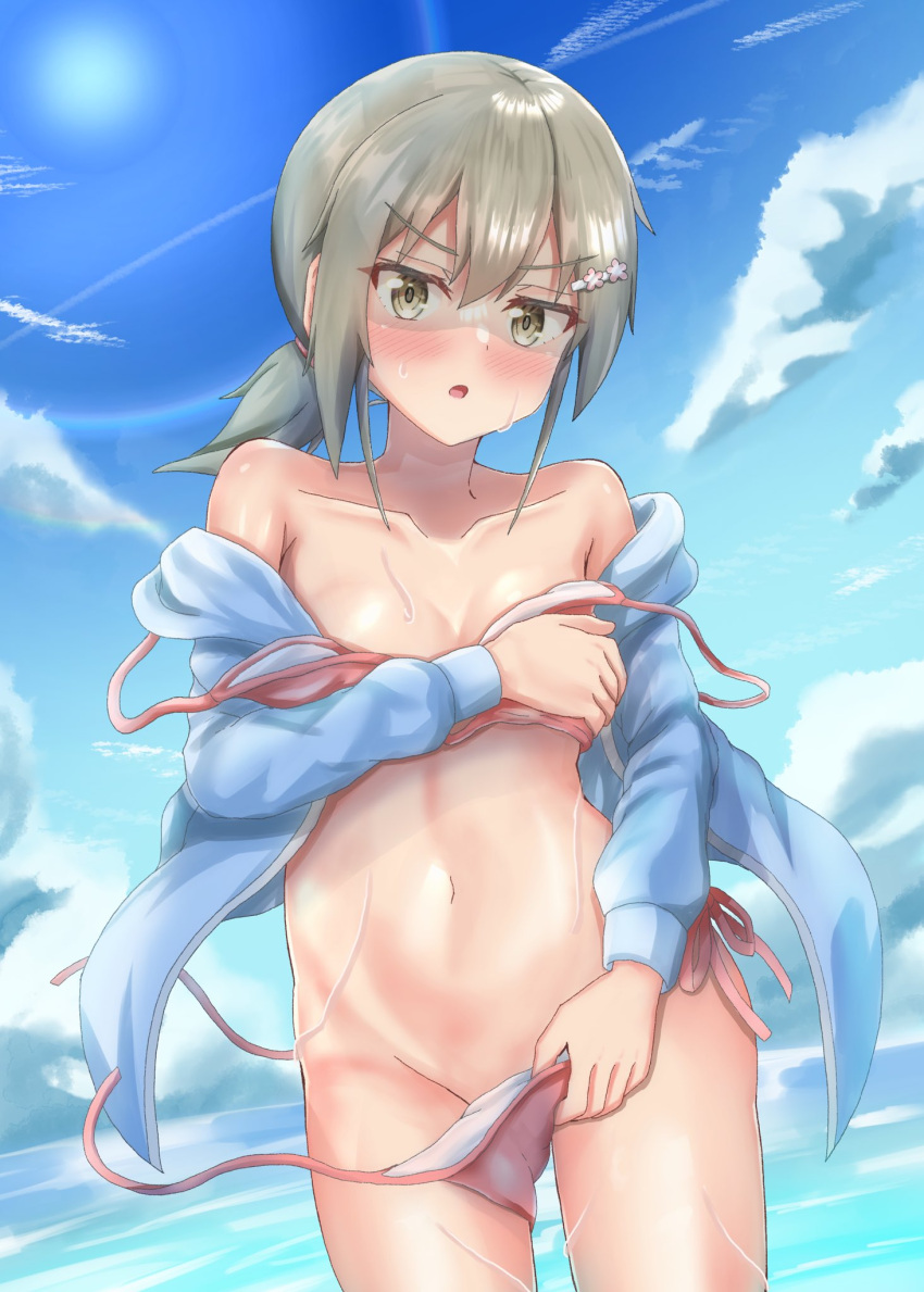1girl bare_shoulders bikini blue_jacket blue_sky blush breasts brown_eyes brown_hair cloud collarbone covering_breasts covering_privates cowboy_shot day embarrassed grey_hair groin hair_between_eyes hair_ornament hairclip highres hood hoodie jacket long_hair long_sleeves looking_at_viewer low_ponytail masamune_mino minowa_gin navel nose_blush ocean off_shoulder open_clothes open_jacket open_mouth outdoors pink_bikini ponytail short_ponytail side-tie_bikini_bottom sidelocks sky small_breasts solo standing stomach stomach_day sun swimsuit untied_bikini wading wardrobe_malfunction washio_sumi_wa_yuusha_de_aru water wet yuusha_de_aru
