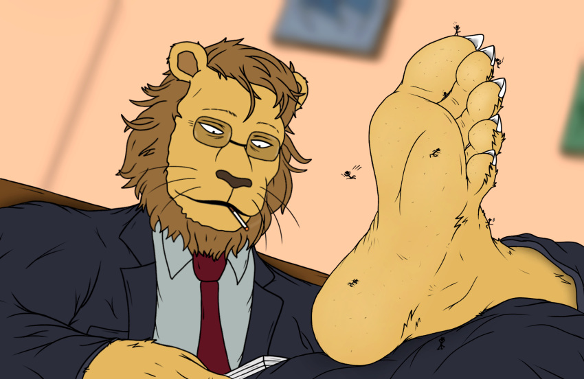 2023 5_toes anthro beastars blurred_background cigarette cigarette_in_mouth claws clothing colored digital_drawing_(artwork) digital_media_(artwork) eyewear falling feet felid foot_fetish foot_focus fur glasses hi_res humanoid_feet ibuki_(beastars) inside larger_anthro larger_male lion macro male mammal mane micro necktie object_in_mouth pantherine plantigrade sitting size_difference smaller_anthro smellslikejavier stick_figure stuck_to_foot suit toe_claws toes unaware whiskers yellow_body yellow_fur