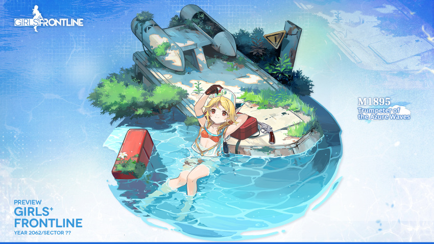 1girl ahoge arm_behind_head armband barefoot bikini blonde_hair blue_armband blue_background breasts broken_glass brown_gloves closed_mouth collarbone commentary english_commentary english_text flower flower_request foliage full_body gem girls'_frontline glass gloves grass highres holding holding_gem instrument_case kinoshita_neko looking_at_object lying mask nagant_revolver_(girls'_frontline) nagant_revolver_(trumpeter_of_the_azure_waves)_(girls'_frontline) nature neck_ribbon object_request official_alternate_costume official_art on_back orange_bikini partially_immersed partially_submerged partially_unzipped red_eyes red_gemstone ribbon scope second-party_source see-through_mask see-through_vest shadow short_hair_with_long_locks sign simple_background small_breasts smile solo swimsuit thigh_strap transparent_background vehicle_request warning_sign water white_flower wreckage zipper