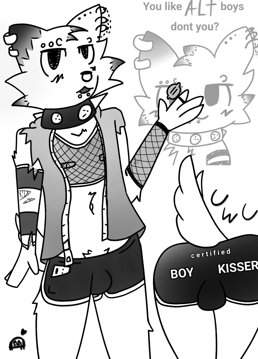 absurd_res anthro armwear bottomwear boy_kisser_(meme) bulge clothing collar dyed_fur ear_piercing facial_piercing felid fishnet fishnet_armwear fishnet_clothing fishnet_topwear happilytoasted hi_res highlights_(coloring) jacket lip_piercing male mammal nose_piercing pattern_armwear pattern_clothing piercing shorts silly_cat_(mauzymice) solo spiked_collar spikes striped_armwear striped_clothing stripes tail text text_on_clothing topwear