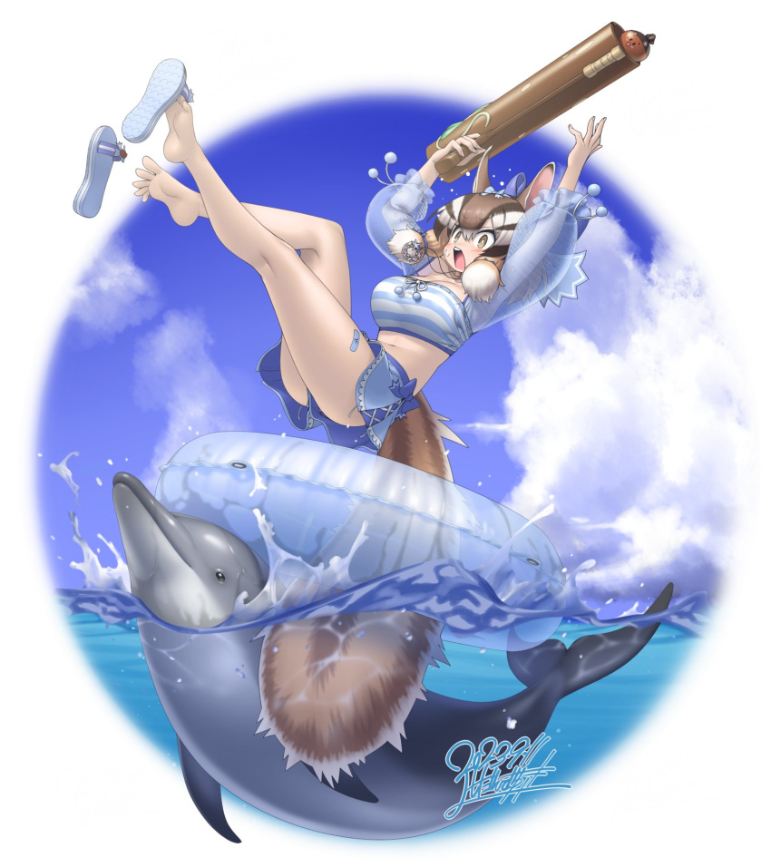 1girl animal_ears brown_eyes brown_hair chipmunk_ears chipmunk_girl chipmunk_tail dolphin extra_ears highres innertube kemono_friends kemono_friends_v_project navel ocean sandals short_hair siberian_chipmunk_(kemono_friends) swimsuit tail virtual_youtuber water_gun yoshida_hideyuki