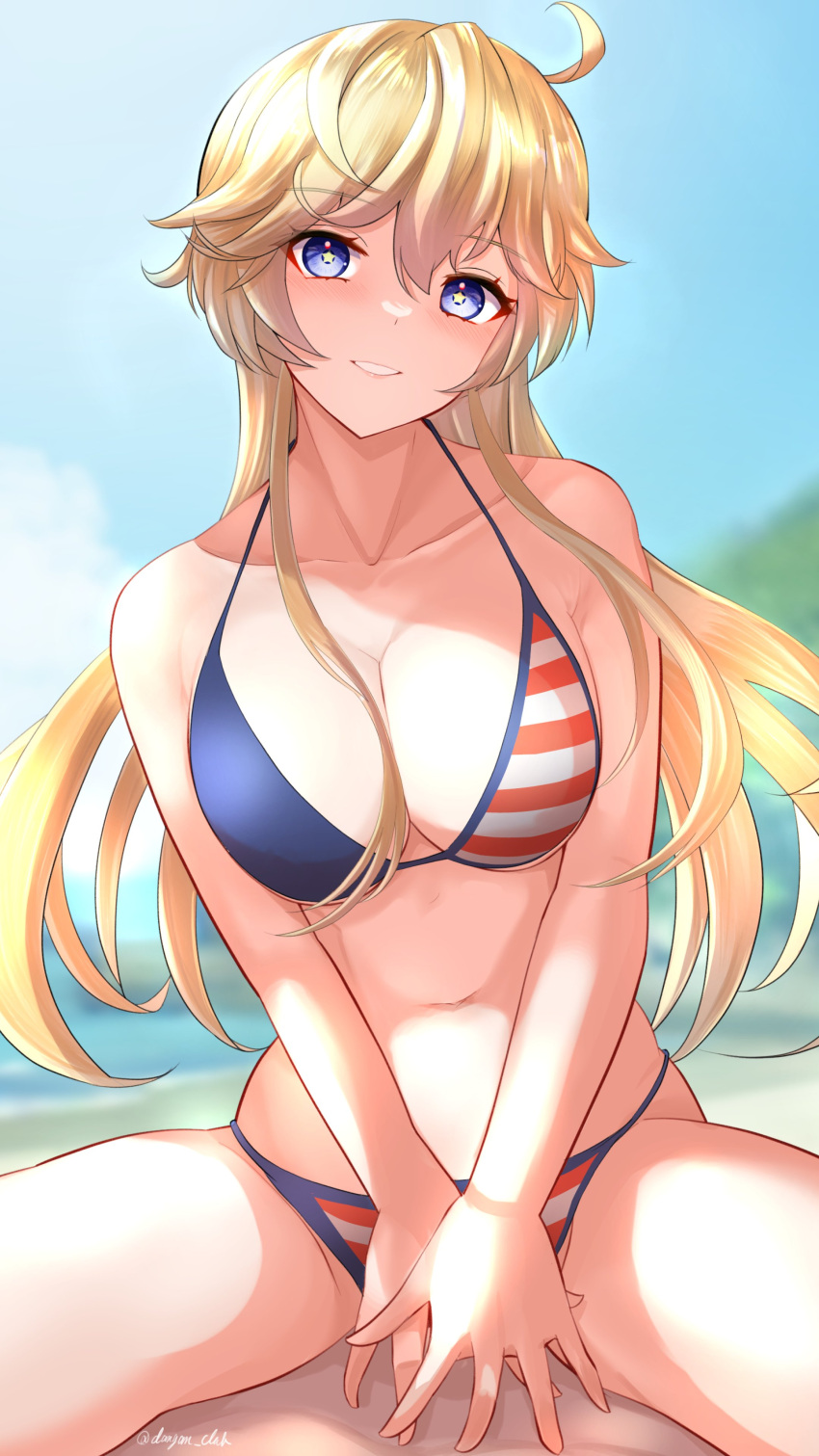 1girl absurdres alternate_costume american_flag american_flag_bikini american_flag_print arms_between_legs bare_shoulders bikini blonde_hair blue_eyes breasts cleavage dangan_kurabu flag_print highres iowa_(kancolle) kantai_collection large_breasts long_hair looking_at_viewer navel smile solo star-shaped_pupils star_(symbol) swimsuit symbol-shaped_pupils twitter_username