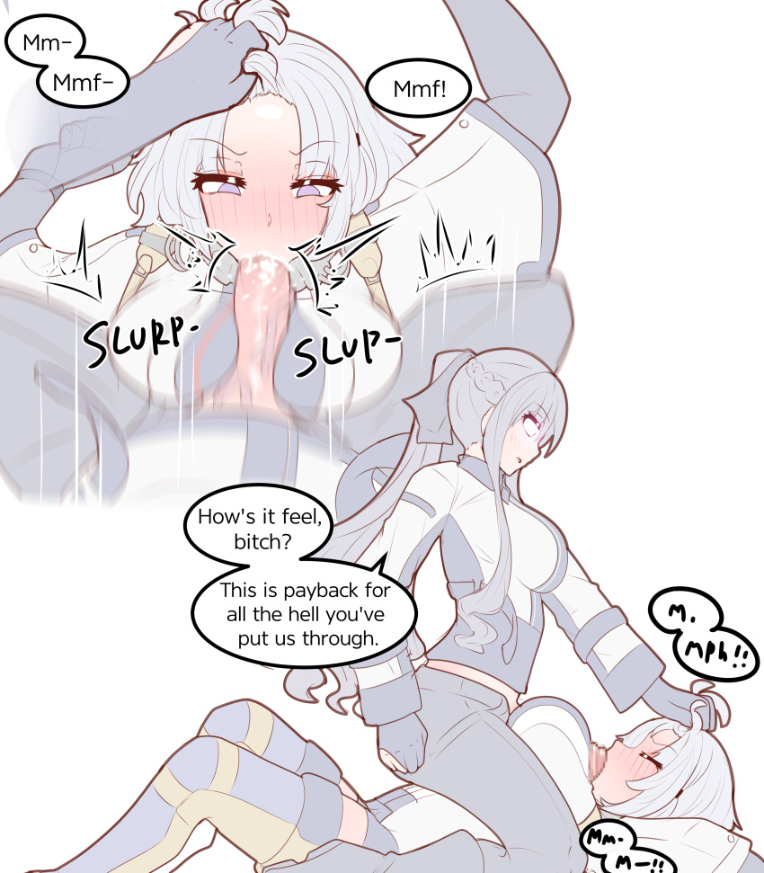2girls absurdres ak-12_(girls'_frontline) black_gloves black_pants blush boots braid breasts english_text fellatio french_braid futa_with_female futanari girl_on_top girls'_frontline gloves grabbing_another's_hair grey_hair highres large_breasts long_hair long_sleeves lying multiple_girls on_back oral paizuri paizuri_over_clothes pants penis physisyoon ponytail purple_eyes rpk-16_(girls'_frontline) shirt short_hair simple_background speech_bubble straddling straddling_paizuri white_background