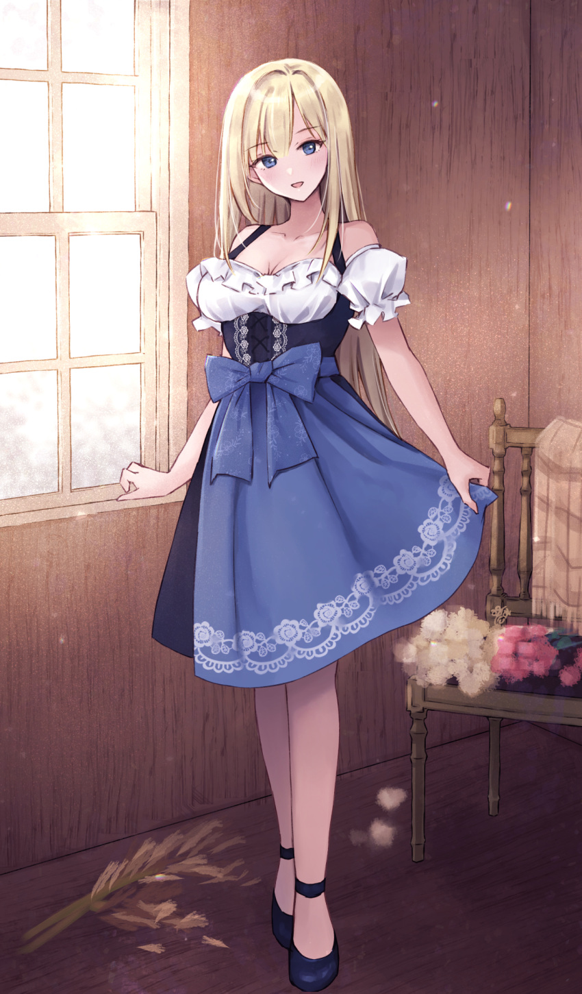 1girl bare_shoulders blonde_hair blue_dress blue_eyes blush breasts chair cleavage clothes_lift collarbone commentary_request crossed_legs dirndl dress dress_lift flower full_body german_clothes highres large_breasts lifted_by_self light_particles looking_at_viewer nagidango off-shoulder_dress off_shoulder open_mouth original smile solo sunlight watson_cross wheat window wooden_floor wooden_wall