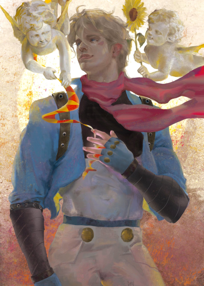 1boy angel battle_tendency blonde_hair caesar_anthonio_zeppeli closed_mouth commentary_request danart14020 facial_mark fingerless_gloves flower gloves green_eyes headband_removed highres jojo_no_kimyou_na_bouken looking_to_the_side male_focus pants pink_scarf realistic scarf short_hair smile solo sunflower triangle_print