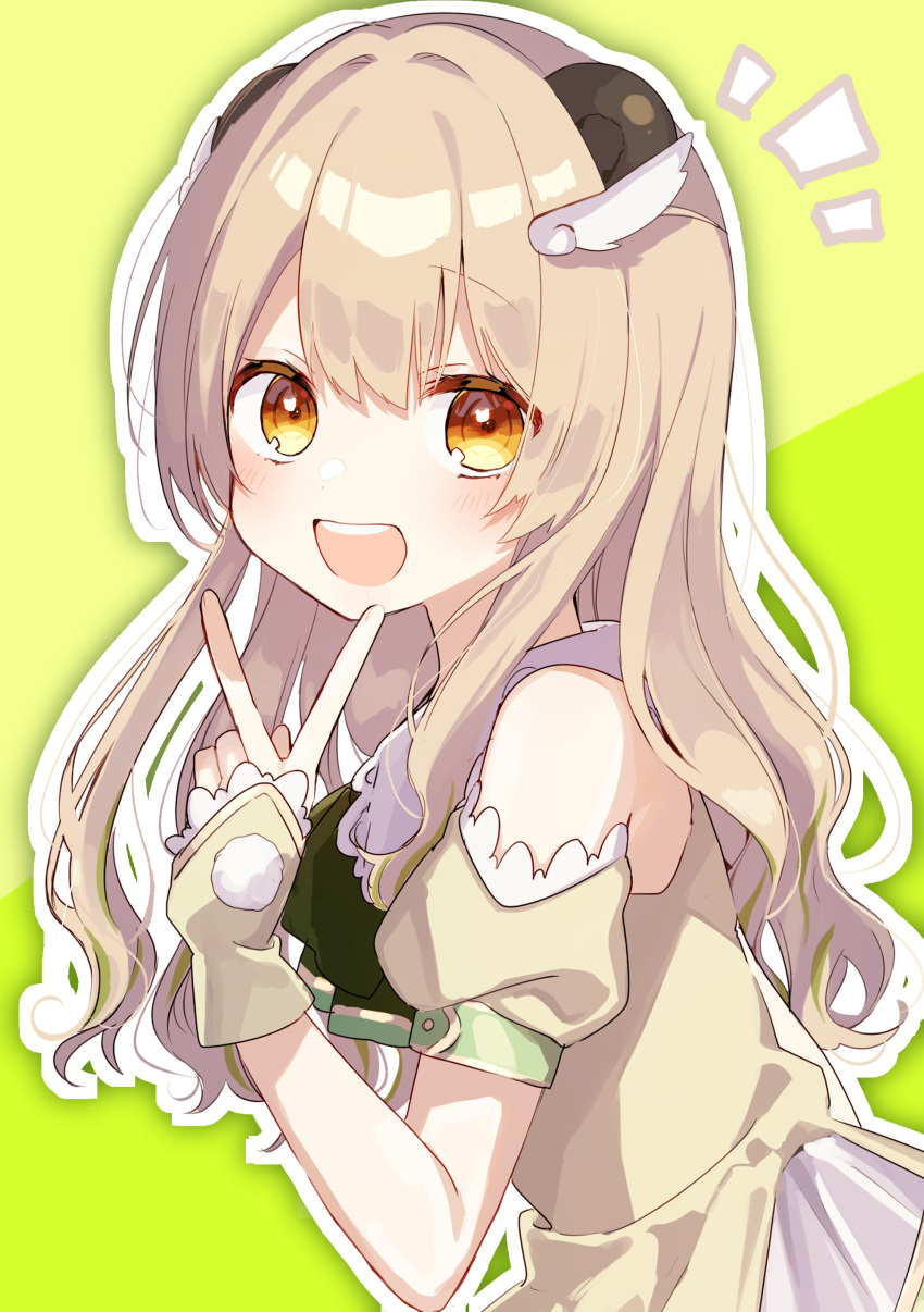 1girl :d absurdres animal_ears bear_ears brown_dress brown_eyes clothing_cutout dress green_background hair_between_eyes hand_up highres light_brown_hair long_hair looking_at_viewer looking_to_the_side notice_lines original outline puffy_short_sleeves puffy_sleeves short_sleeves shoulder_cutout smile sofra solo two-tone_background v white_outline wing_hair_ornament