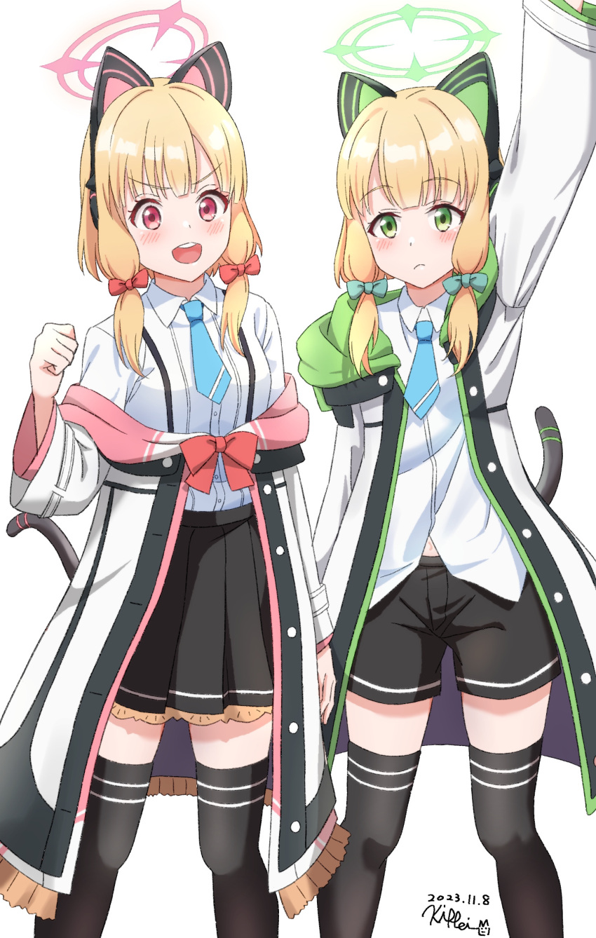 2girls animal_ear_headphones animal_ears arm_up black_skirt black_thighhighs blonde_hair blue_archive blue_necktie blush bow breasts cat_tail closed_mouth collared_shirt dated fake_animal_ears feet_out_of_frame green_bow green_eyes green_halo hair_bow halo headphones highres jacket kippei long_sleeves looking_at_viewer midori_(blue_archive) momoi_(blue_archive) multiple_girls necktie open_mouth pink_halo pleated_skirt red_bow red_eyes shirt short_hair siblings signature simple_background sisters skirt small_breasts smile tail teeth thighhighs twins two-sided_fabric two-sided_jacket upper_teeth_only white_background white_jacket white_shirt