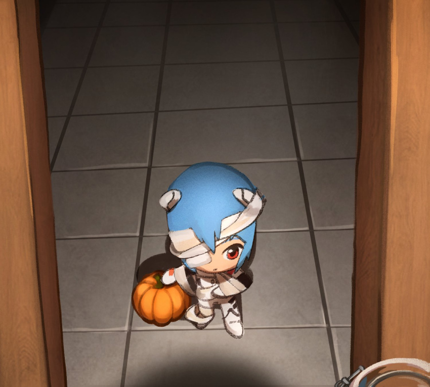 1girl ayanami_rei bandages blue_hair bodysuit breasts chibi closed_mouth commentary halloween highres khyle. mini_person mummy_costume neon_genesis_evangelion one_eye_covered open_door plugsuit pumpkin red_eyes rei_chikita short_hair solo standing tile_floor tiles white_bodysuit