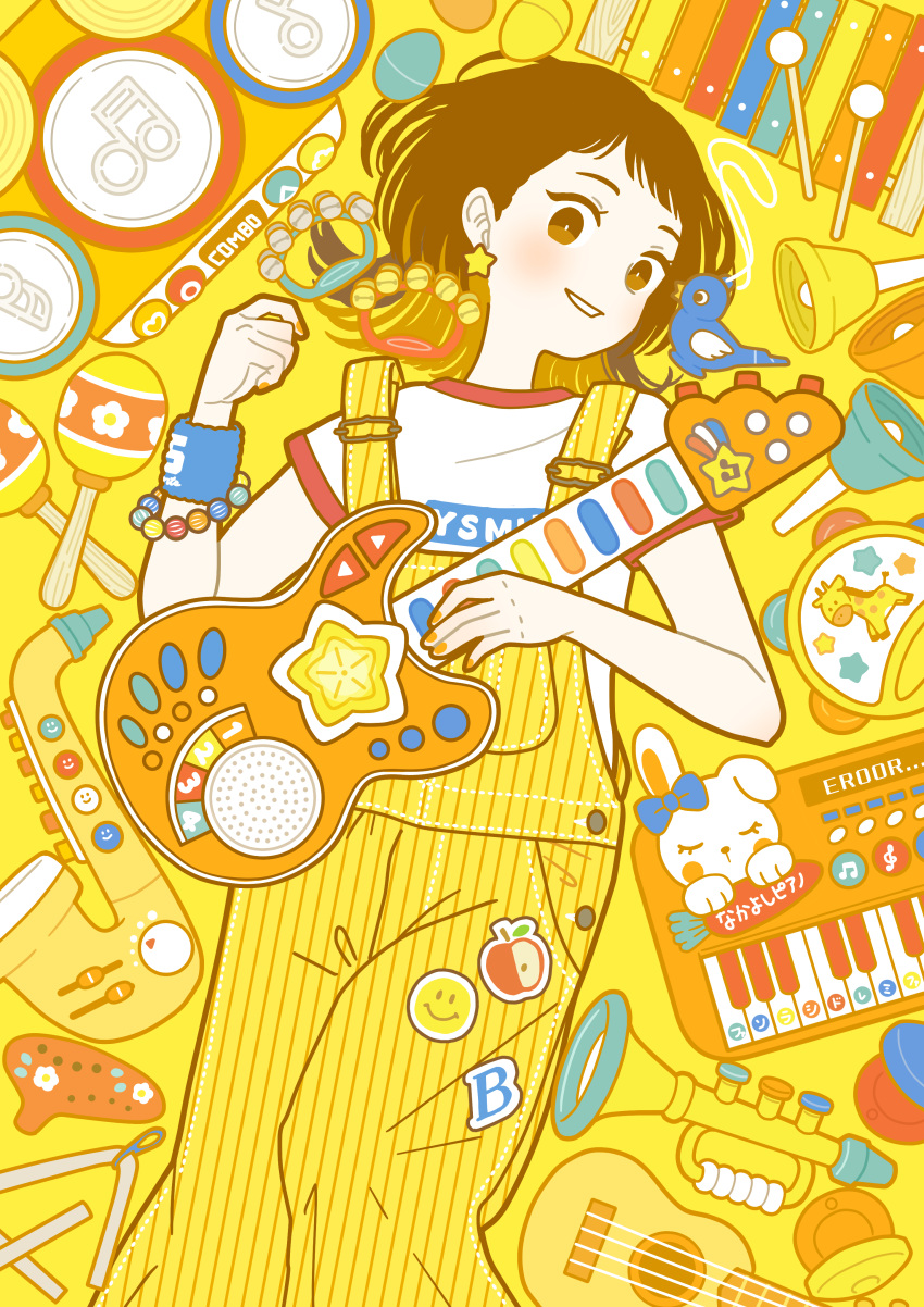 1girl absurdres bell bird blue_bird bracelet brown_eyes commentary earrings electric_guitar feet_out_of_frame guitar highres instrument jewelry keyboard_(instrument) maracas medium_hair ocarina original parted_lips print_shirt saxophone shirt short_sleeves smile solo star_(symbol) star_earrings striped_overalls toy trumpet ukulele white_shirt xylophone yellow_background yellow_overalls yellow_theme yoshimon