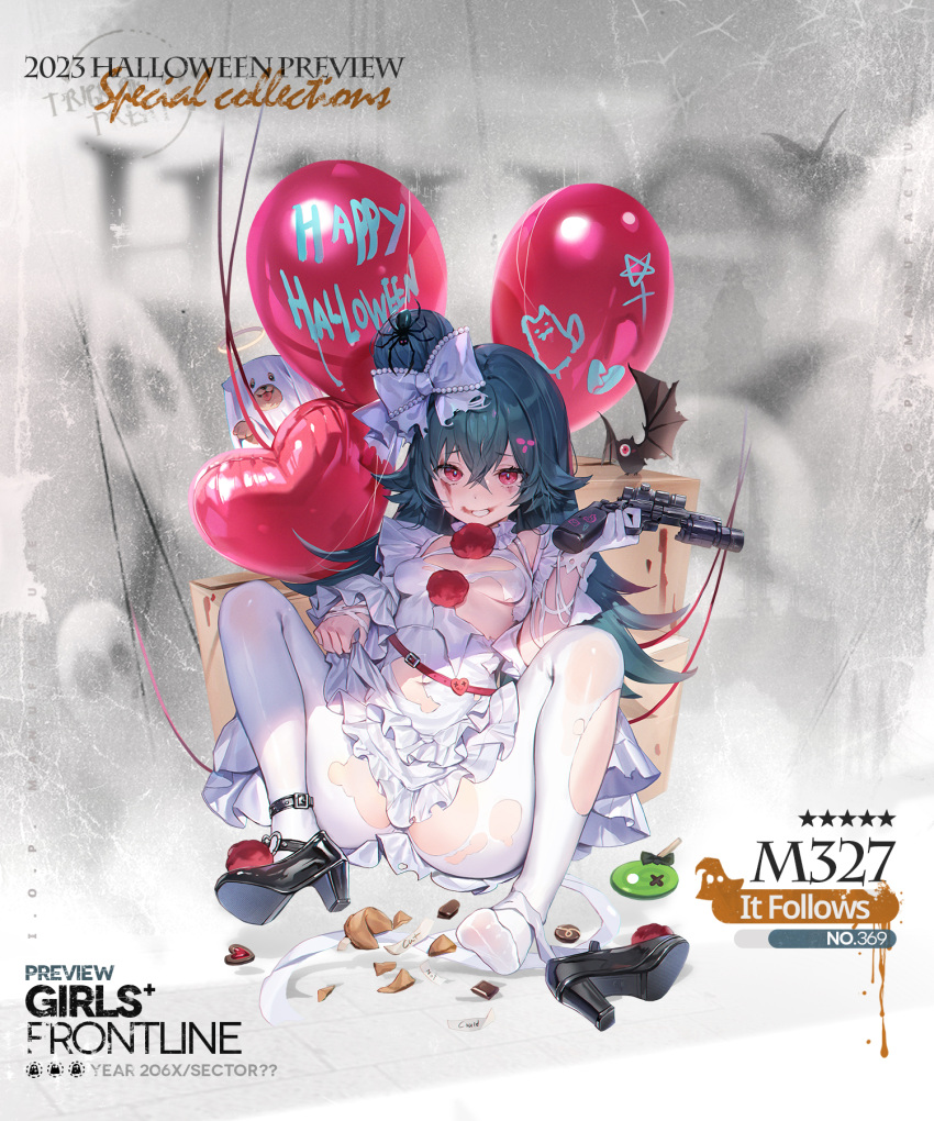 1girl 2023 aqua_hair balloon bat_(animal) black_footwear bow box breasts bug candy character_name cleavage commentary copyright_name cosplay dinergate_(girls'_frontline) dog dress english_commentary feet food fortune_cookie_(food) full_body ghost_costume girls'_frontline gloves grin gun hair_between_eyes hair_bow hair_ornament hairclip halloween halo happy_halloween heart heart-shaped_food heart_balloon high_heels highres holding holding_gun holding_weapon it_(stephen_king) lollipop long_hair looking_at_viewer m327_(girls'_frontline) m327_(it_follows)_(girls'_frontline) makeup medium_breasts official_alternate_costume official_art pantyhose pennywise pennywise_(cosplay) pom_pom_(clothes) red_eyes sangvis_ferri scope second-party_source shadow sheet_ghost shoes simple_background single_shoe sitting smile smith_&amp;_wesson_m327 solo spider spread_legs star_(symbol) torn_clothes torn_dress transparent_background trick_or_treat unworn_shoes weapon white_bow white_dress white_gloves white_pantyhose whoisshe