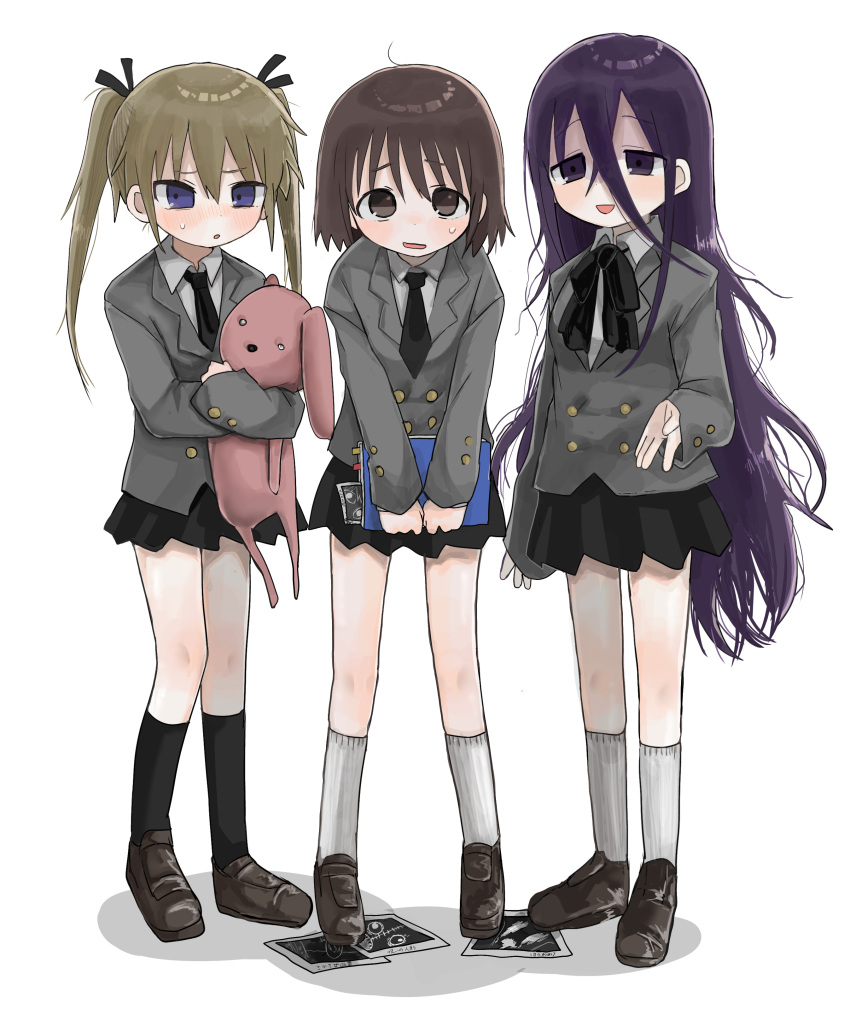 3girls :o absurdres alternate_hair_length alternate_hairstyle averting_eyes black_necktie black_ribbon black_skirt black_socks blonde_hair blue_eyes blush book brown_hair commentary_request embarrassed furrowed_brow goshiki_agiri grey_jacket hair_between_eyes hair_ribbon hand_up highres holding holding_book holding_stuffed_toy hugging_doll hugging_object hunched_over jacket kill_me_baby kneehighs lineup loafers long_bangs long_hair looking_at_viewer messy_hair multiple_girls neck_ribbon necktie nervous_smile oribe_yasuna photo_(object) pleated_skirt prototype_design purple_eyes purple_hair ribbon shoes simple_background skirt smile socks sonya_(kill_me_baby) standing stuffed_toy sweatdrop tareme translation_request upturned_eyes v_arms very_long_hair white_background white_socks yasashii_naizou