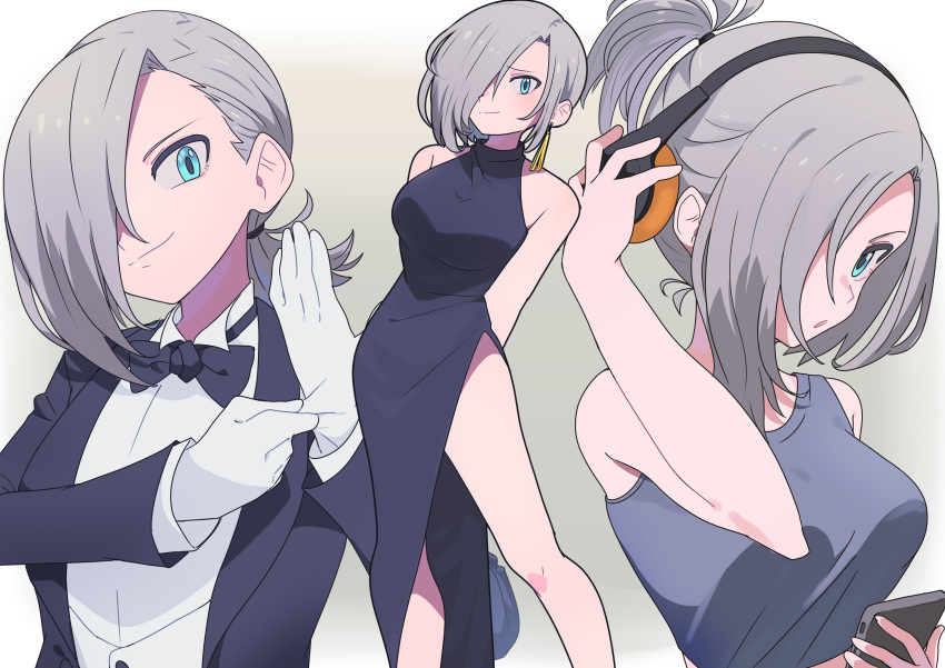 1girl absurdres alternate_costume alternate_hairstyle aqua_eyes black_bow black_bowtie black_dress bow bowtie breasts butler cellphone commission dress feet_out_of_frame female_butler girls'_frontline gloves grey_hair hair_over_one_eye headphones highres looking_at_viewer medium_hair mg5_(girls'_frontline) multiple_views phone second-party_source smartphone tank_top upper_body wakimae62 white_gloves