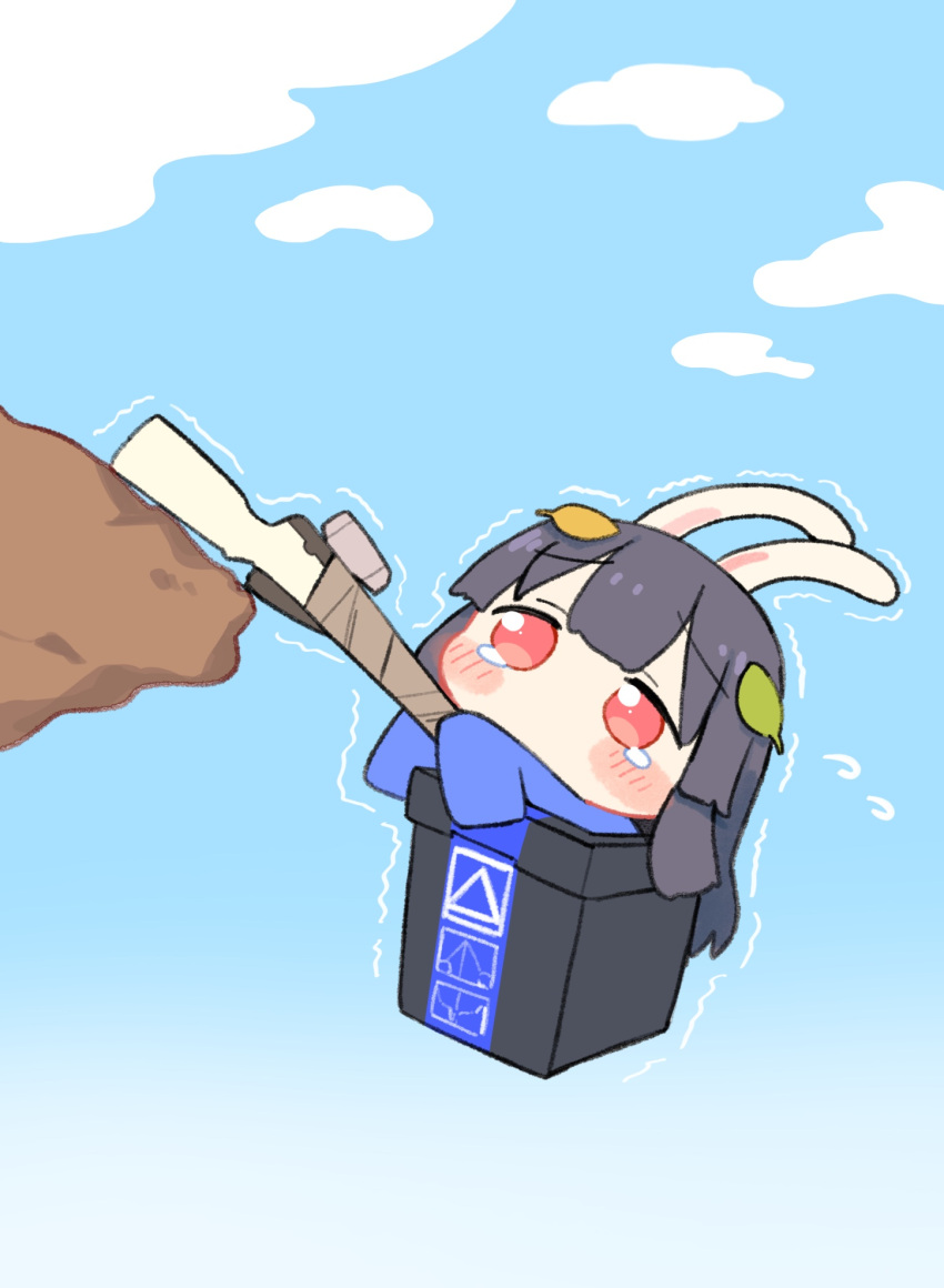 1girl animal_ears black_hair blue_archive blue_sky blush_stickers bolt_action chibi commentary flying_sweatdrops getting_over_it gun highres hime_cut holding holding_gun holding_weapon in_trash_can leaf leaf_on_head long_sleeves miyu_(blue_archive) mosin-nagant motion_lines parody rabbit_ears red_eyes rifle sky solo tearing_up tears trash_can trembling urode weapon