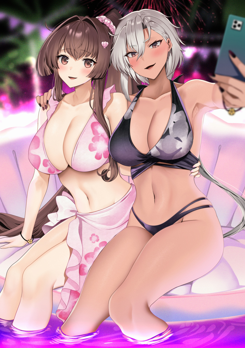 2girls absurdres alternate_costume arm_around_waist asymmetrical_bangs bikini black_bikini black_nails blurry breasts brown_eyes brown_hair cleavage collarbone commentary_request dark-skinned_female dark_skin depth_of_field fireworks grey_hair hand_on_another's_shoulder high_ponytail highres holding holding_phone kantai_collection large_breasts long_hair looking_at_phone multiple_girls musashi_(kancolle) night night_sky open_mouth oyster partially_submerged phone pink_bikini sarong selfie shell_hair_ornament sitting sky smile swimsuit very_long_hair yamato_(kancolle) yunamaro